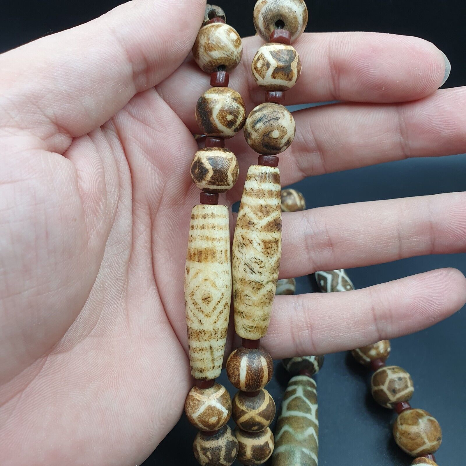 South Asian Burmese Old Pumtek petrified Wood Stone beads Long necklace