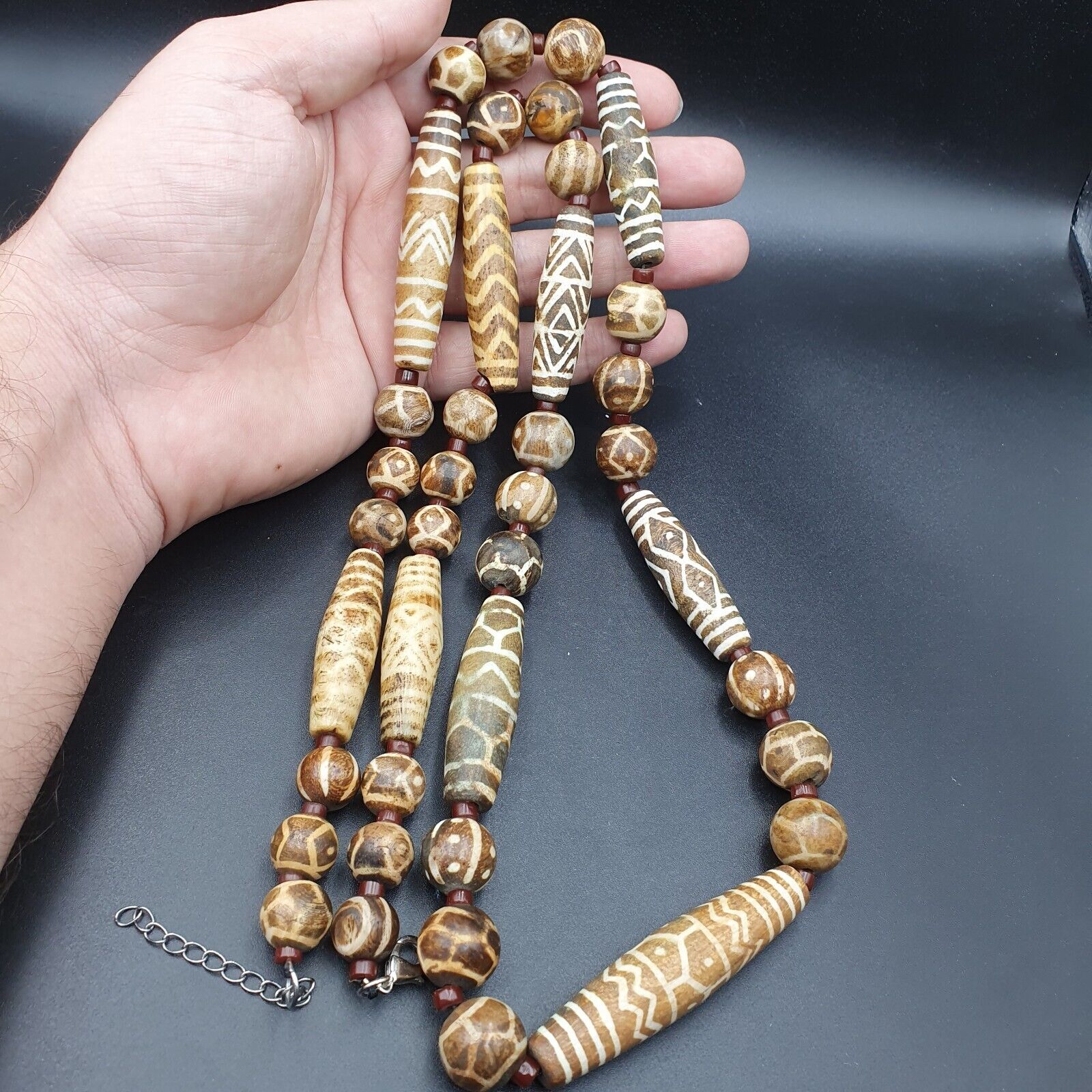 South Asian Burmese Old Pumtek petrified Wood Stone beads Long necklace