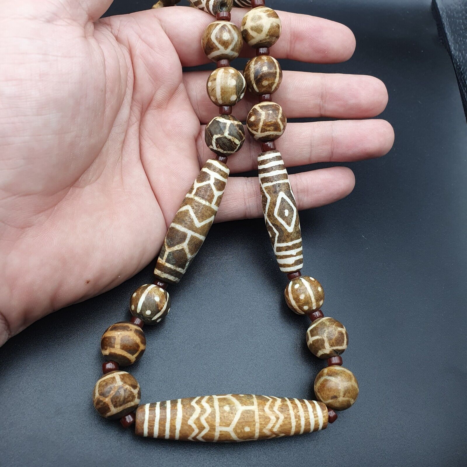 South Asian Burmese Old Pumtek petrified Wood Stone beads Long necklace