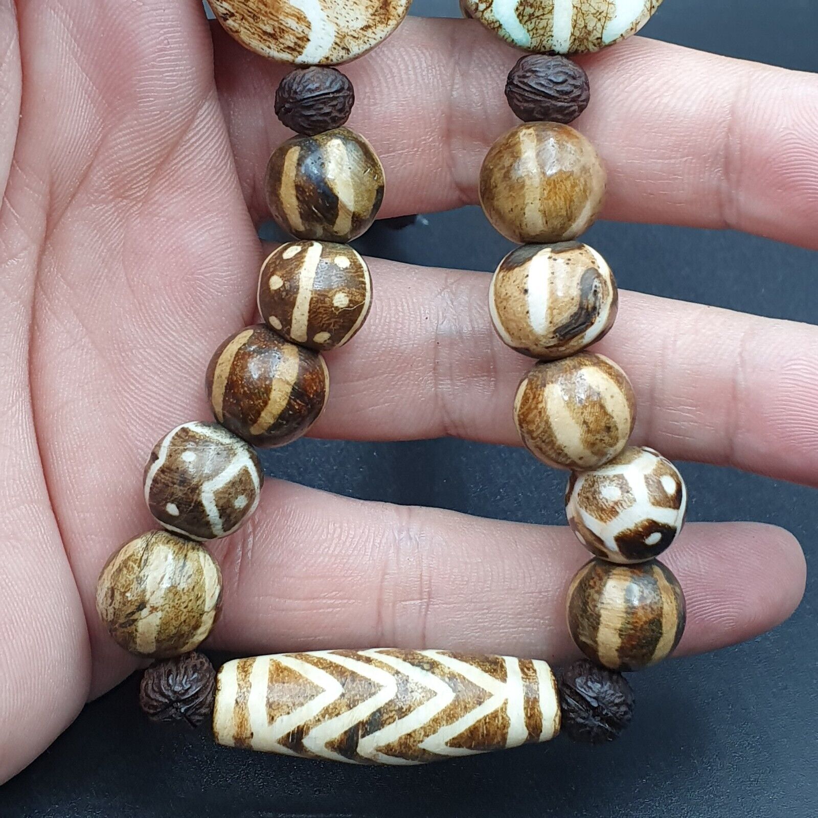Vintage Asian Burmese Old Pumtek pyu petrified Wood Stone beads Necklace