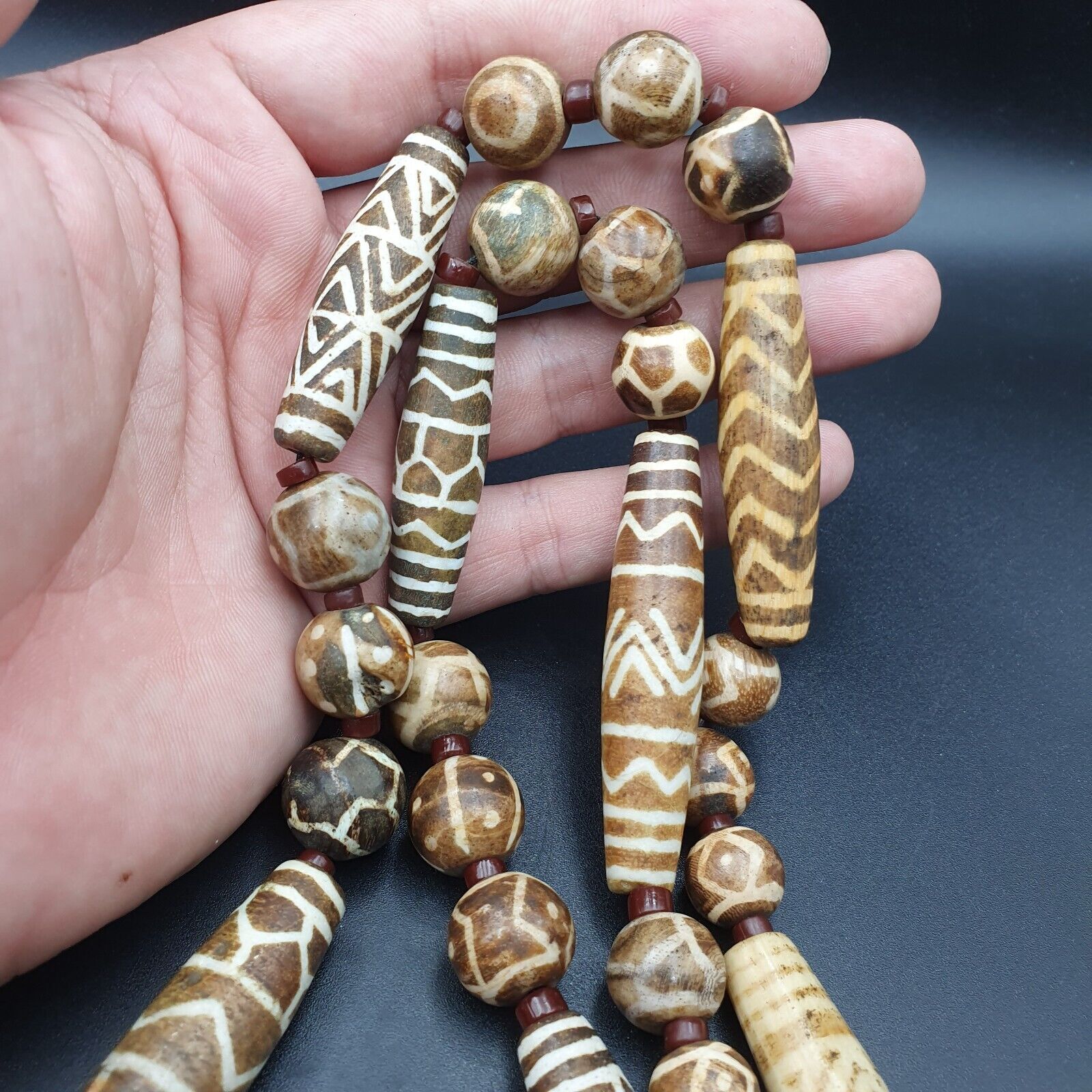 South Asian Burmese Old Pumtek petrified Wood Stone beads Long necklace