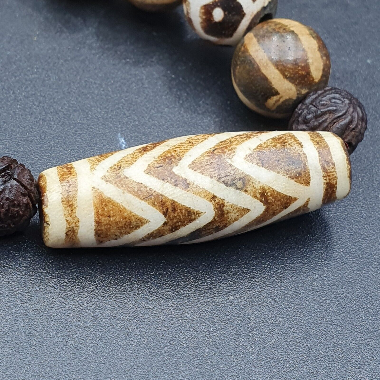 Vintage Asian Burmese Old Pumtek pyu petrified Wood Stone beads Necklace