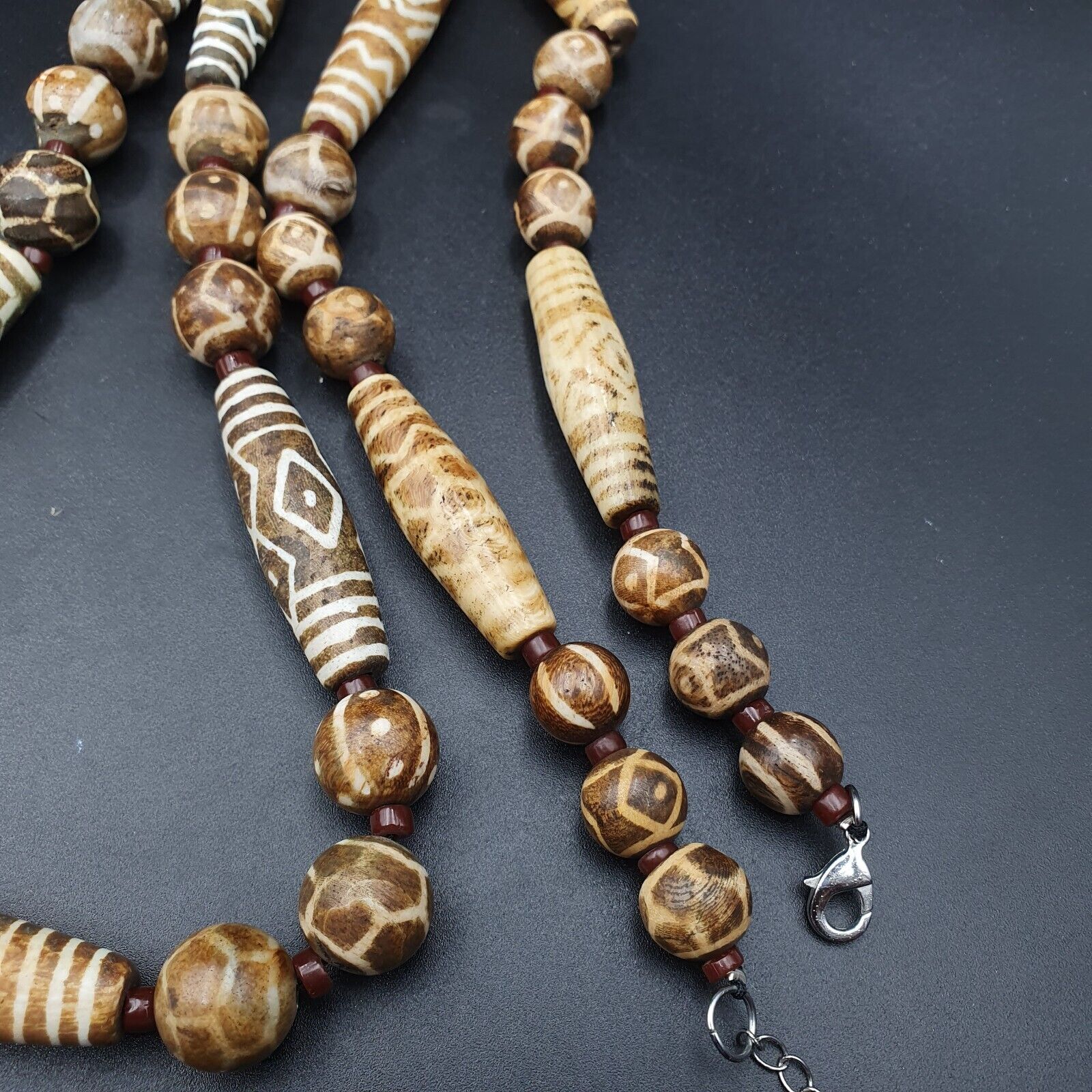 South Asian Burmese Old Pumtek petrified Wood Stone beads Long necklace