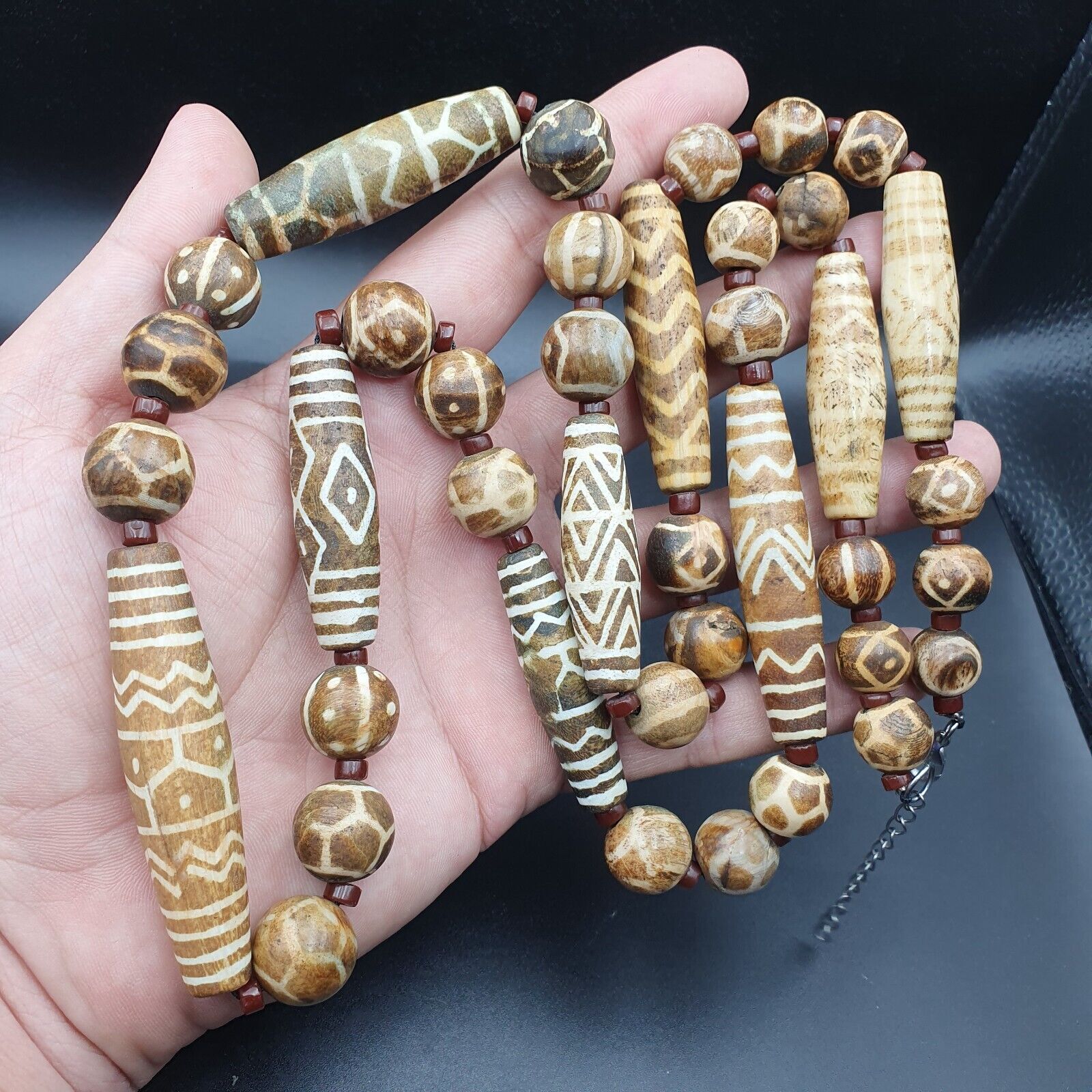 South Asian Burmese Old Pumtek petrified Wood Stone beads Long necklace