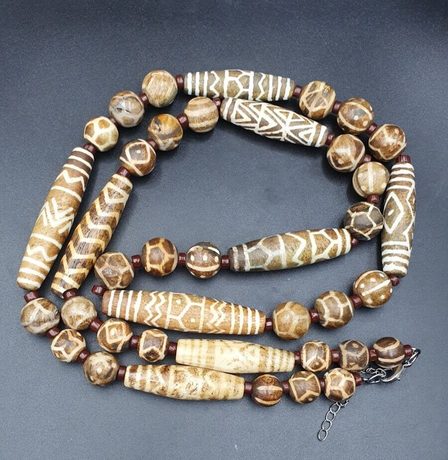 South Asian Burmese Old Pumtek petrified Wood Stone beads Long necklace