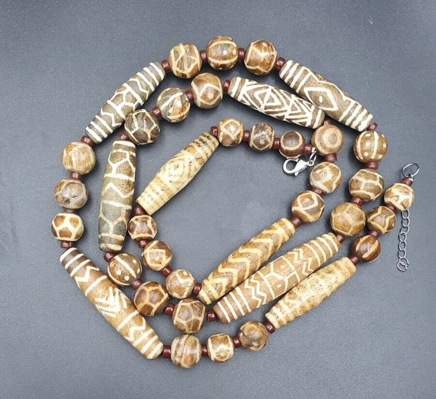 South Asian Burmese Old Pumtek petrified Wood Stone beads Long necklace