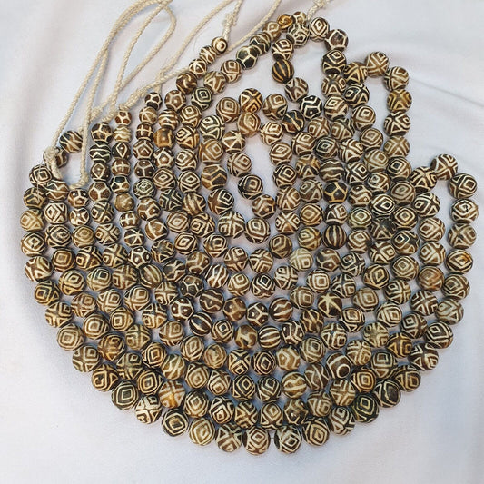 Asian Burmese Old Pumtek petrified Wood Stone beads Long necklace Unique pattern
