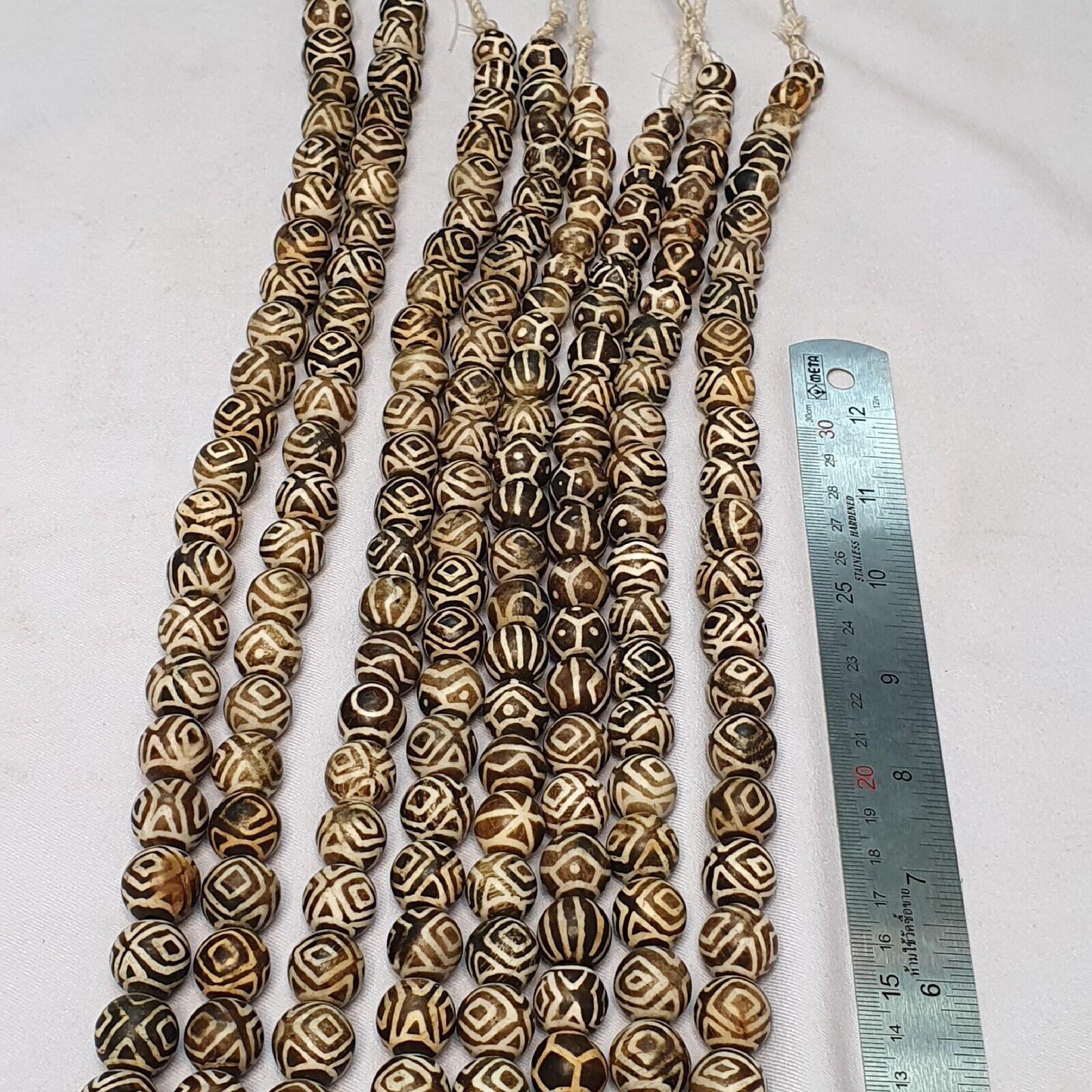 Asian Burmese Old Pumtek petrified Wood Stone beads Long necklace Unique pattern