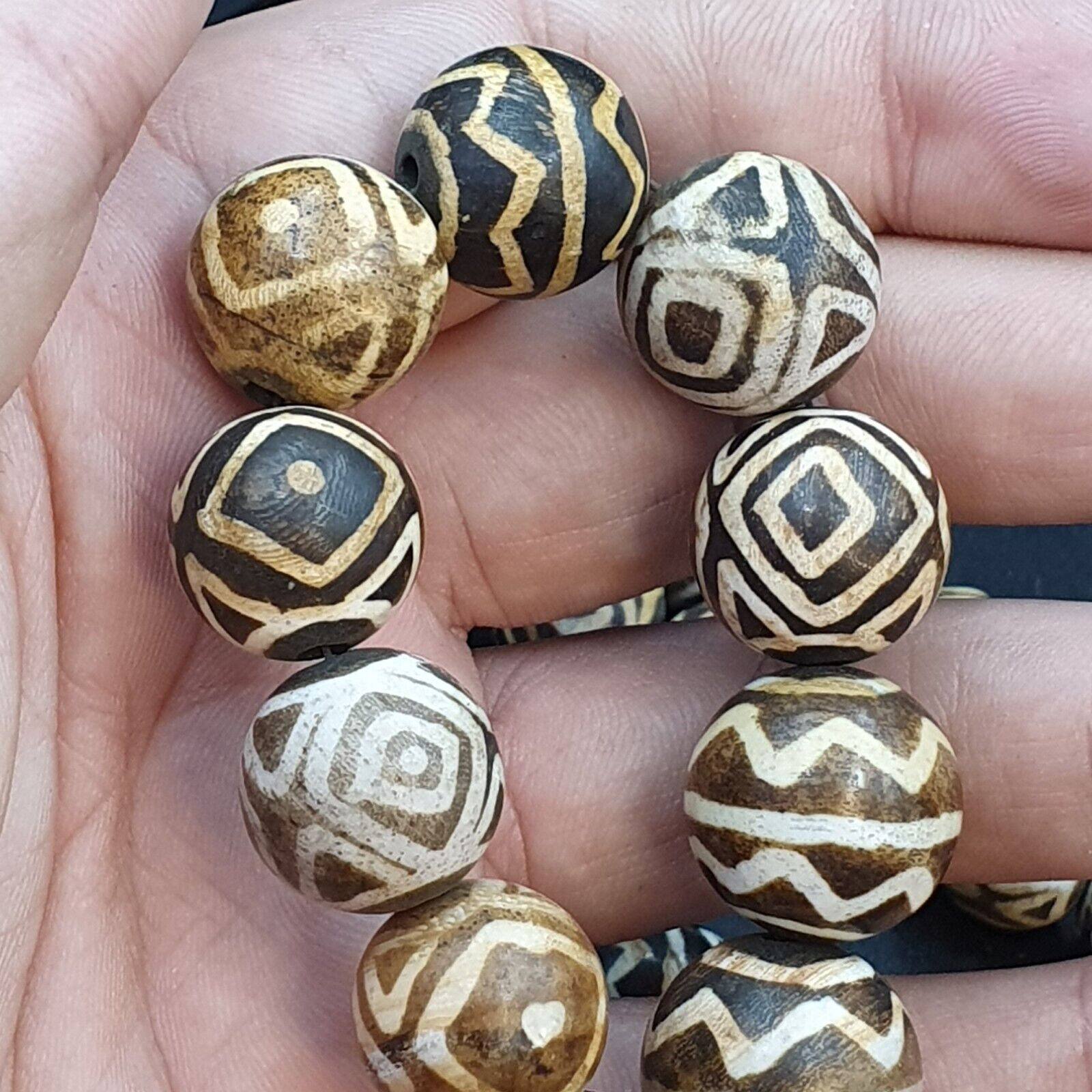 Asian Burmese Old Pumtek petrified Wood Stone beads Long necklace Unique pattern