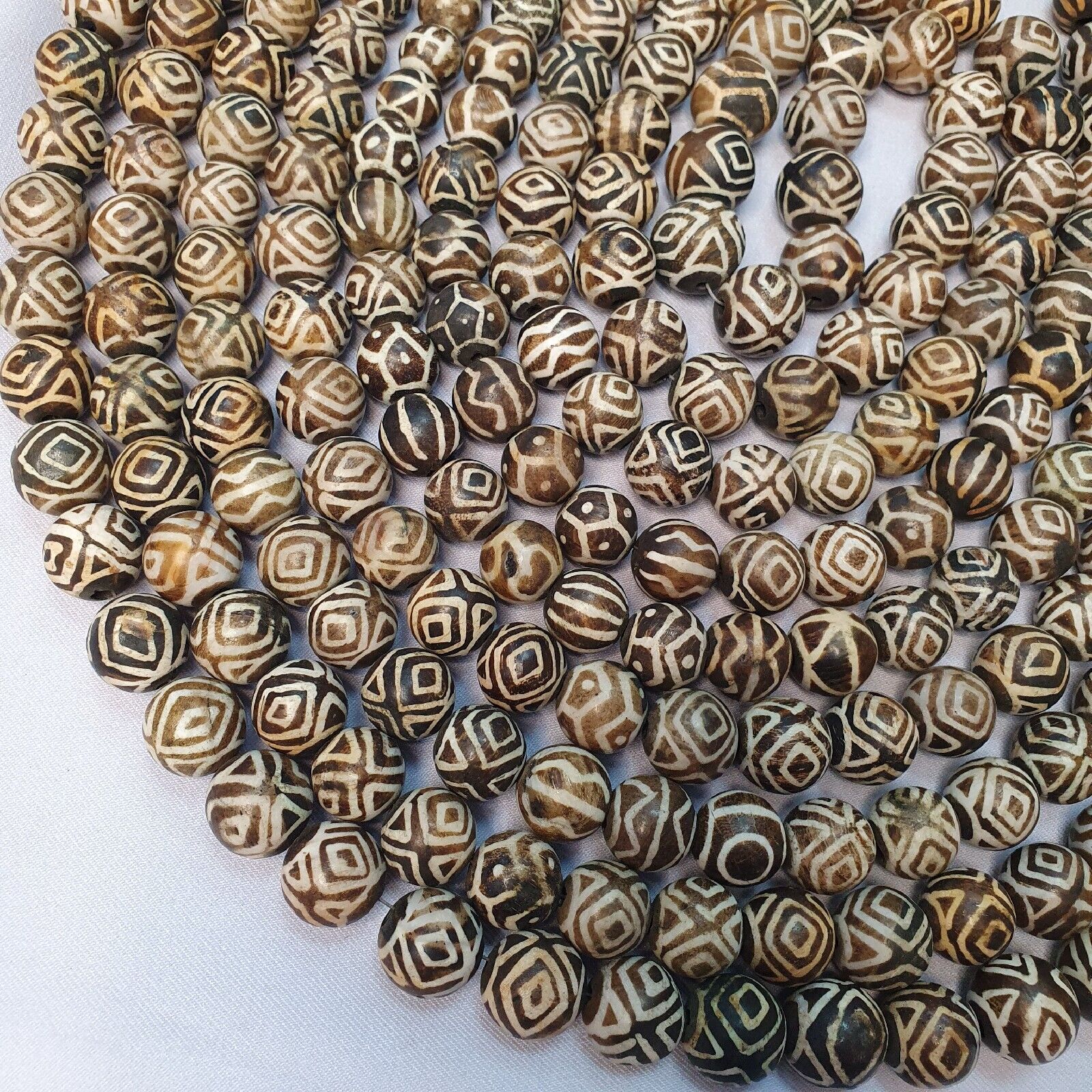 Asian Burmese Old Pumtek petrified Wood Stone beads Long necklace Unique pattern