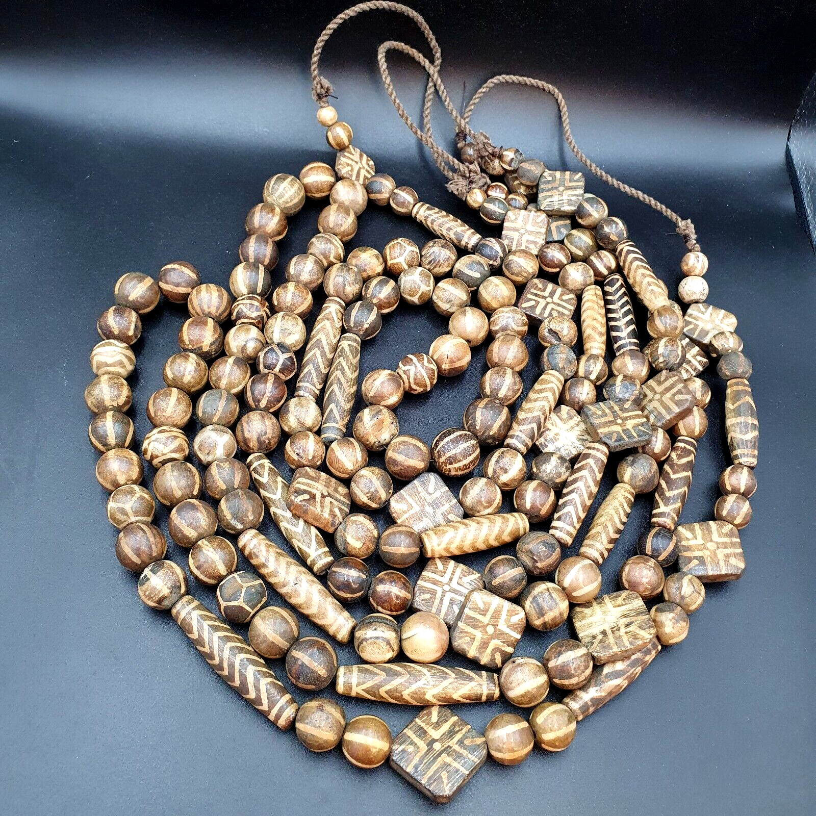 Asian Burmese Old Pumtek petrified Wood Stone beads Long necklace