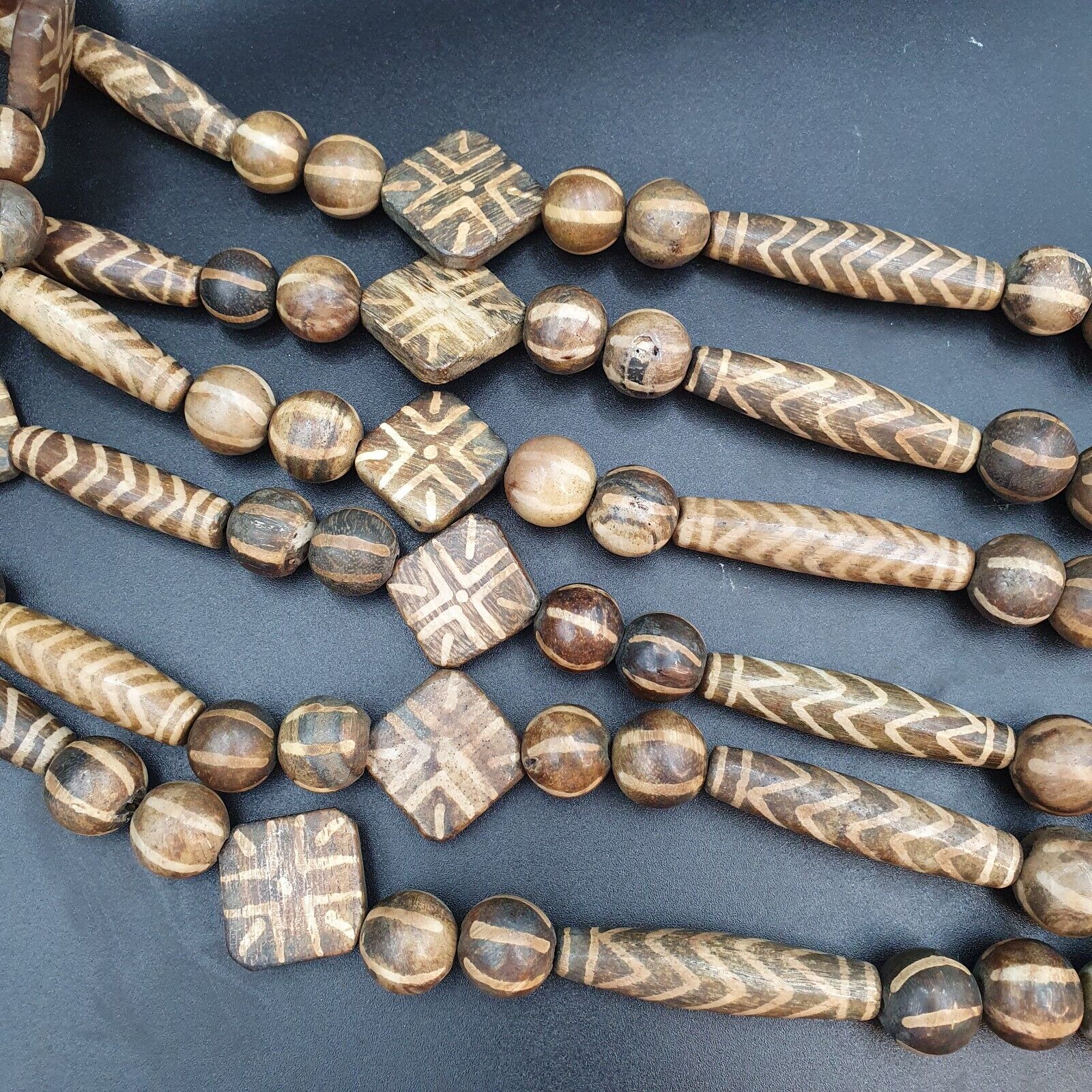 Asian Burmese Old Pumtek petrified Wood Stone beads Long necklace