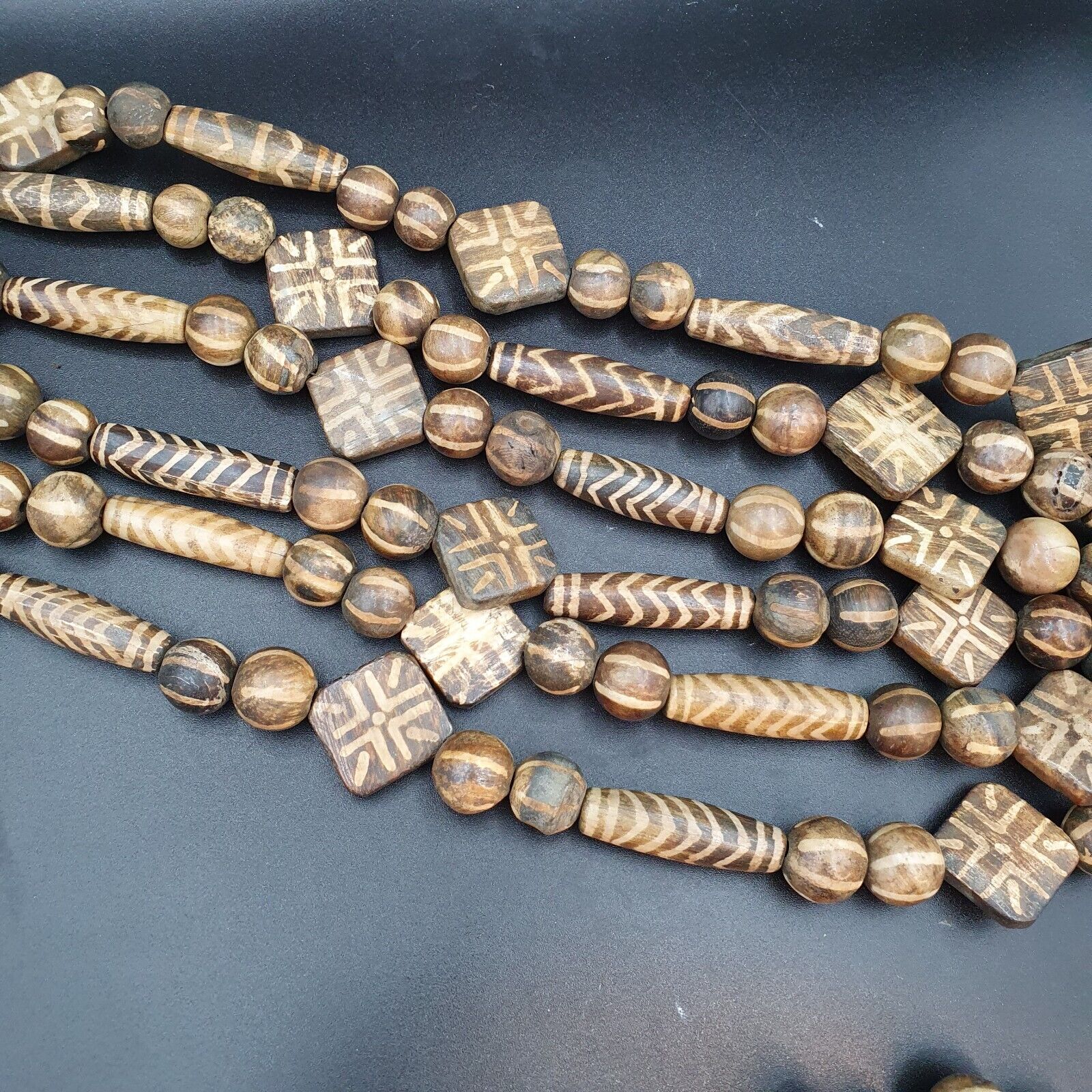 Asian Burmese Old Pumtek petrified Wood Stone beads Long necklace