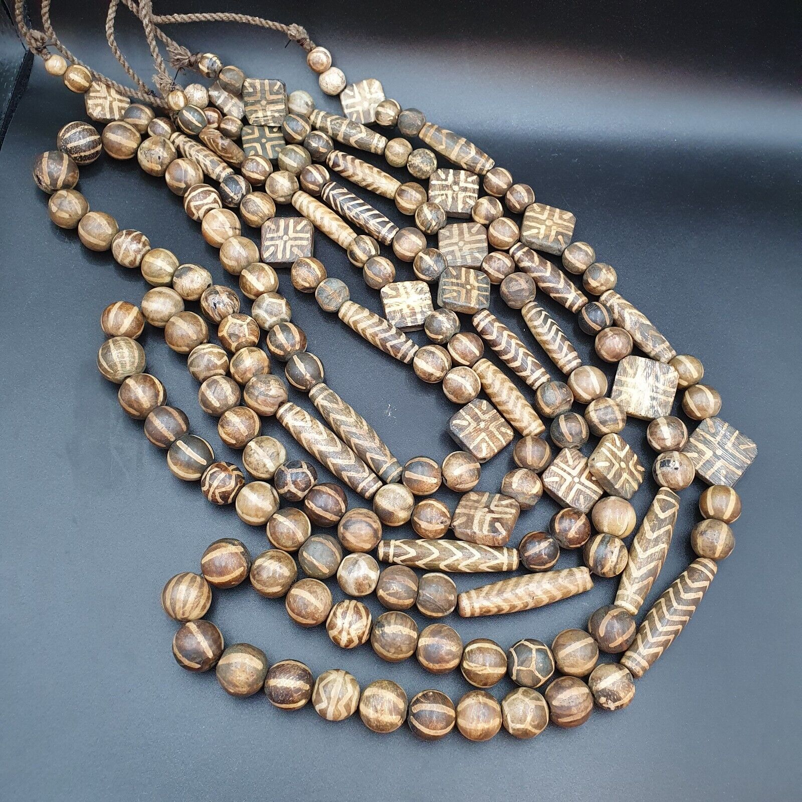 Asian Burmese Old Pumtek petrified Wood Stone beads Long necklace