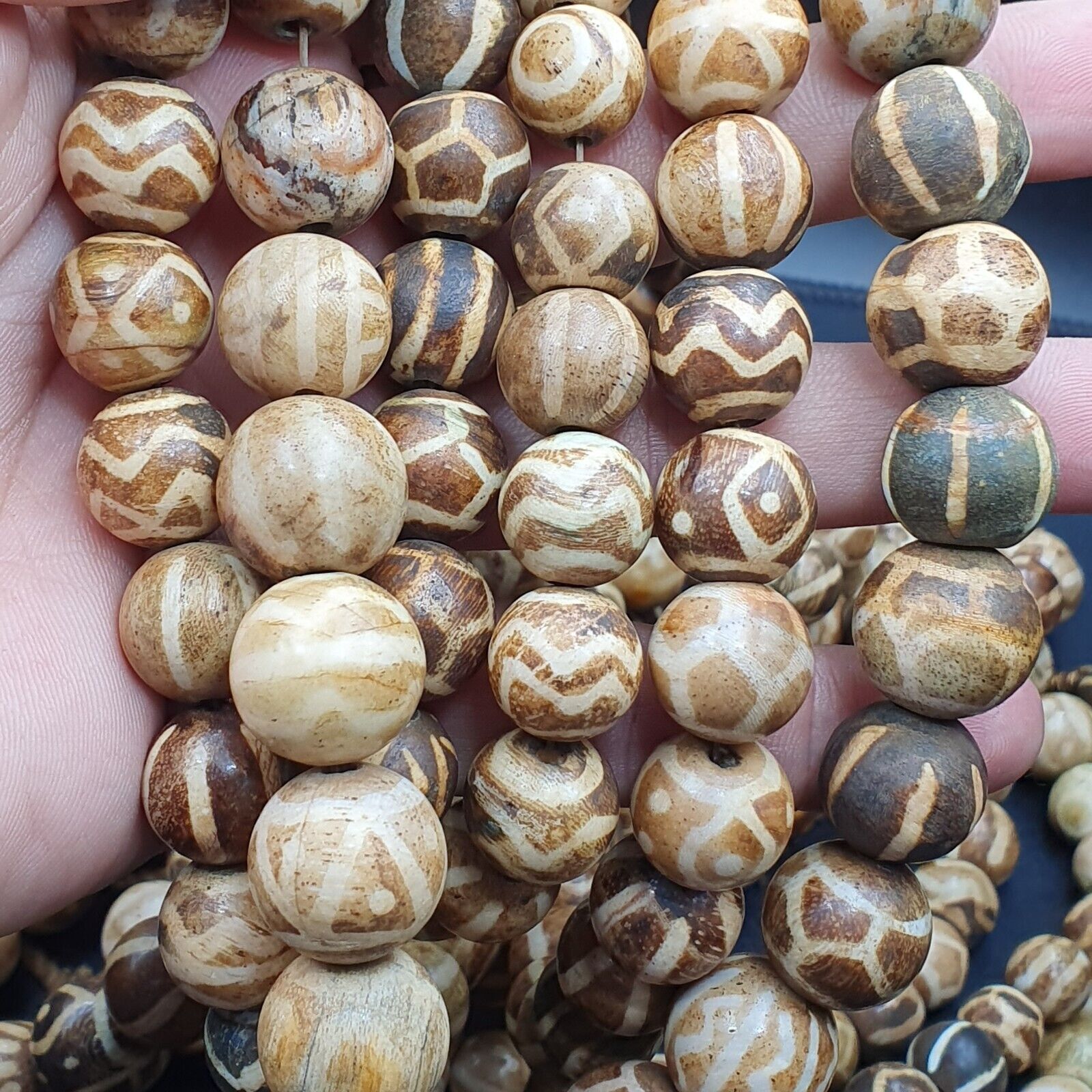 South Asian Burmese Old Pumtek petrified Wood Beads Long Strand 12-18mm