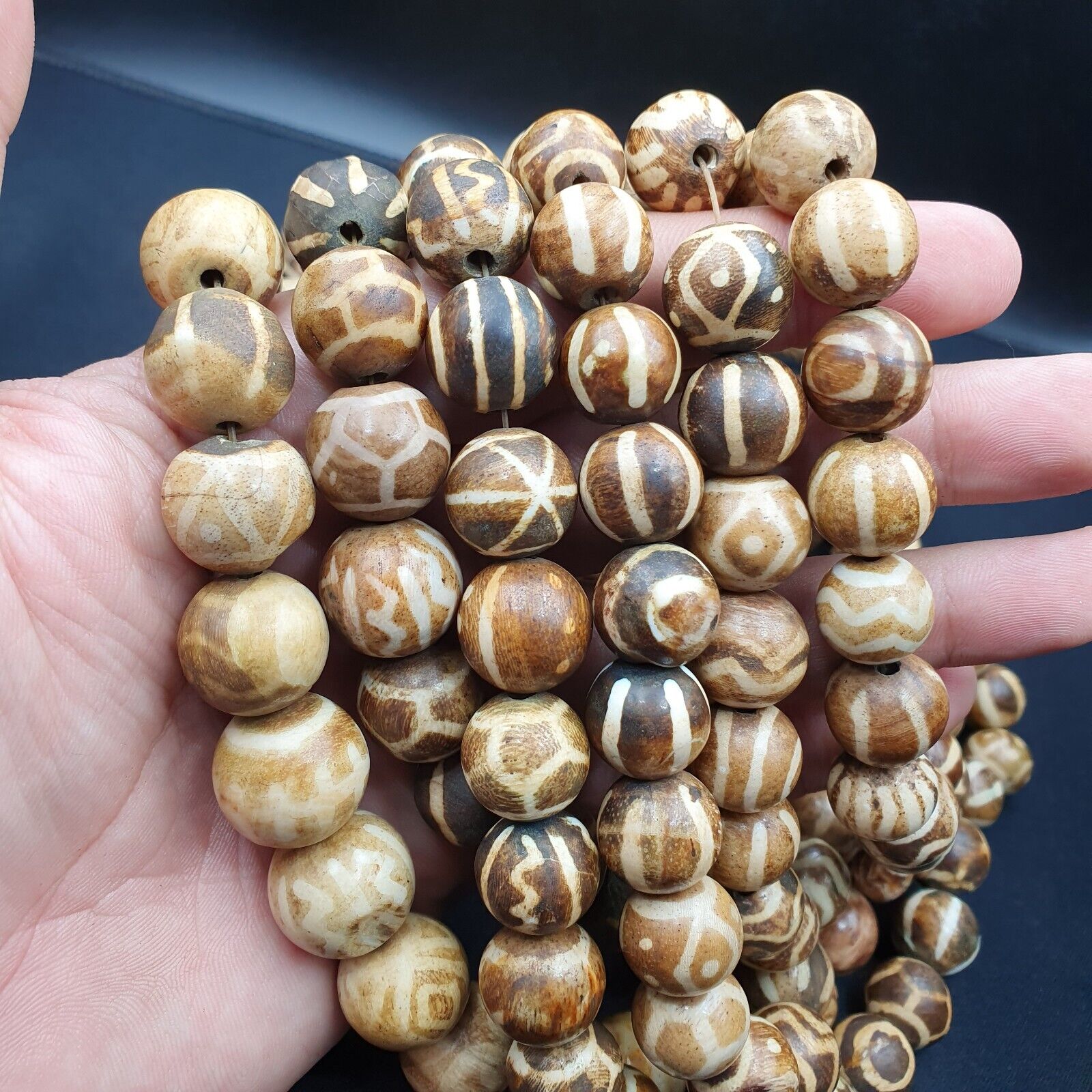 South Asian Burmese Old Pumtek petrified Wood Beads Long Strand 12-18mm