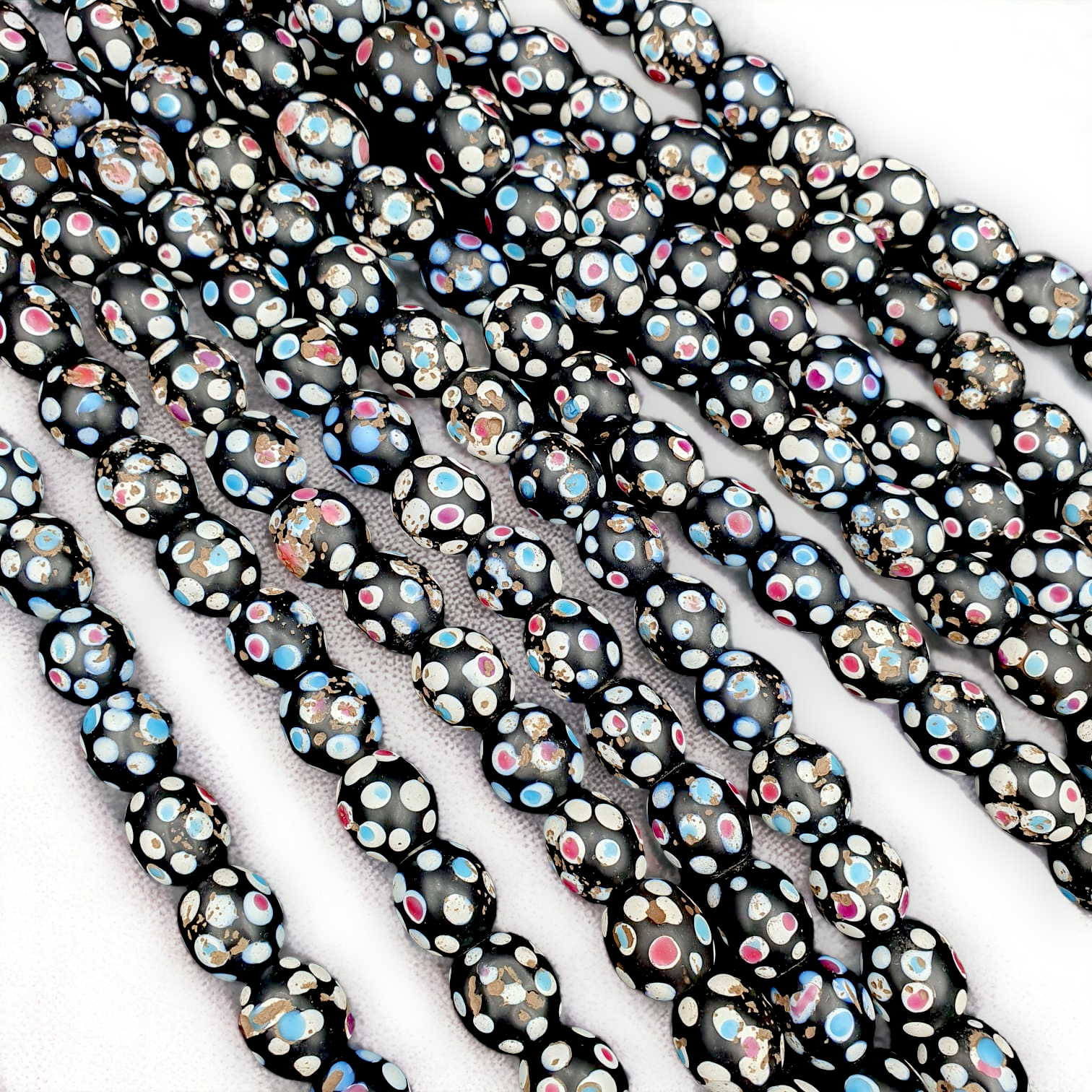 Black Skunk Venetian Trade Beads Dotted Beads Strand 12mm EAST OASIS Collection