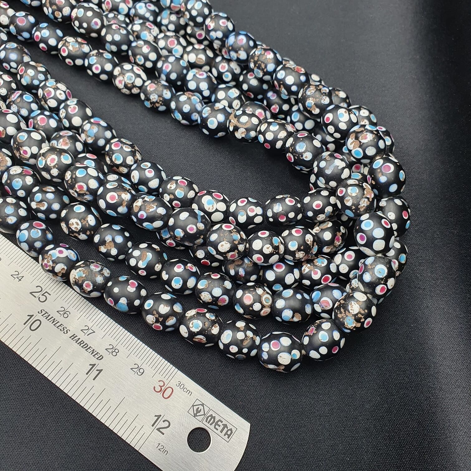 Black Skunk Venetian Trade Beads Dotted Beads Strand 12mm EAST OASIS Collection