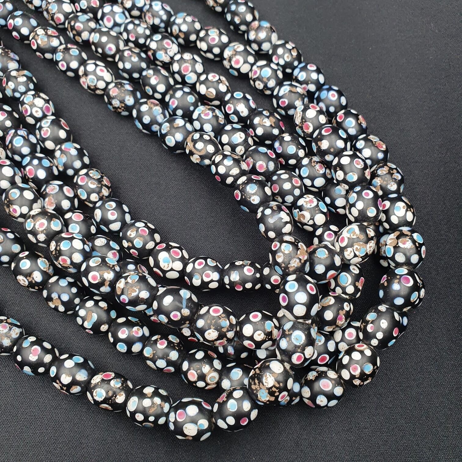 Black Skunk Venetian Trade Beads Dotted Beads Strand 12mm EAST OASIS Collection