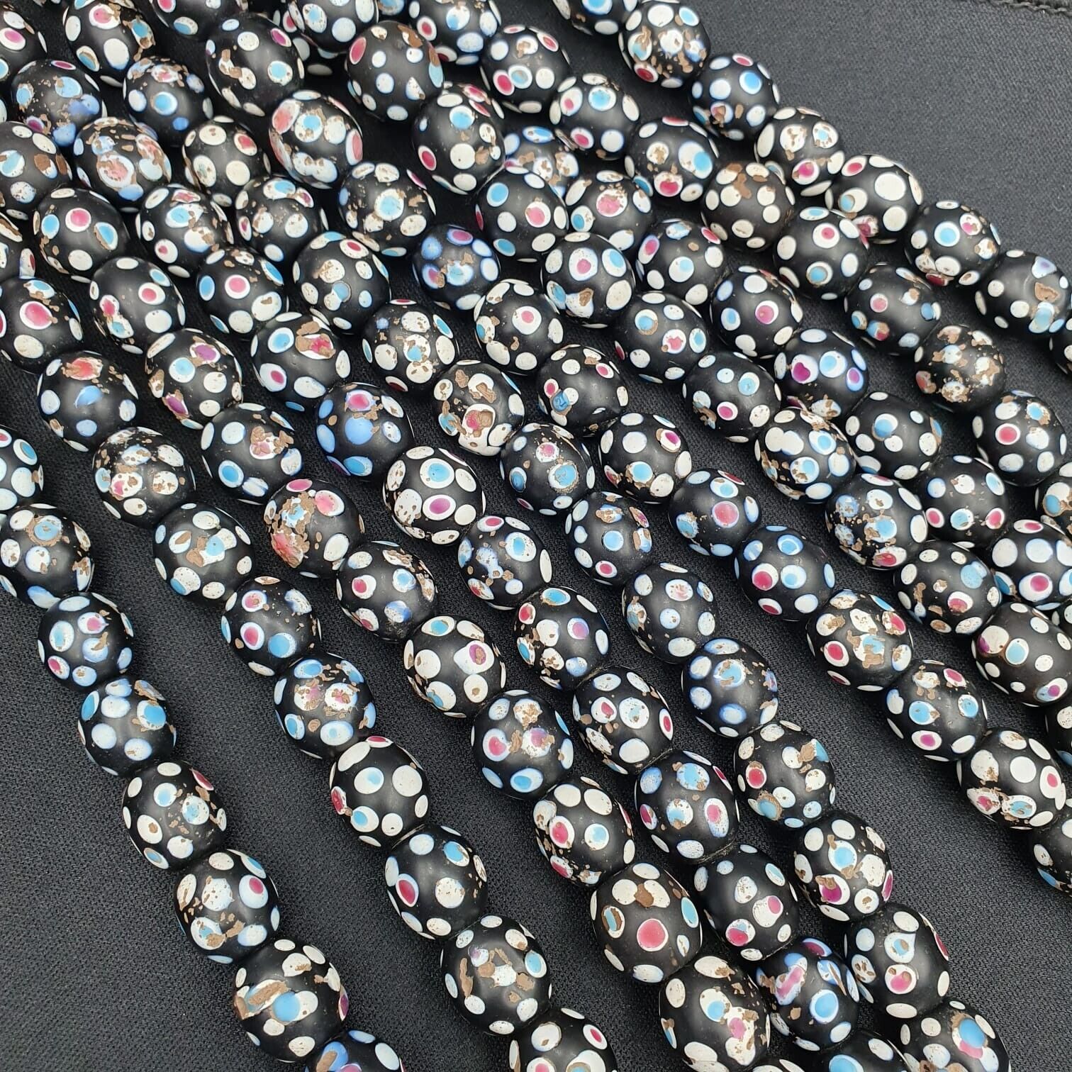 Black Skunk Venetian Trade Beads Dotted Beads Strand 12mm EAST OASIS Collection
