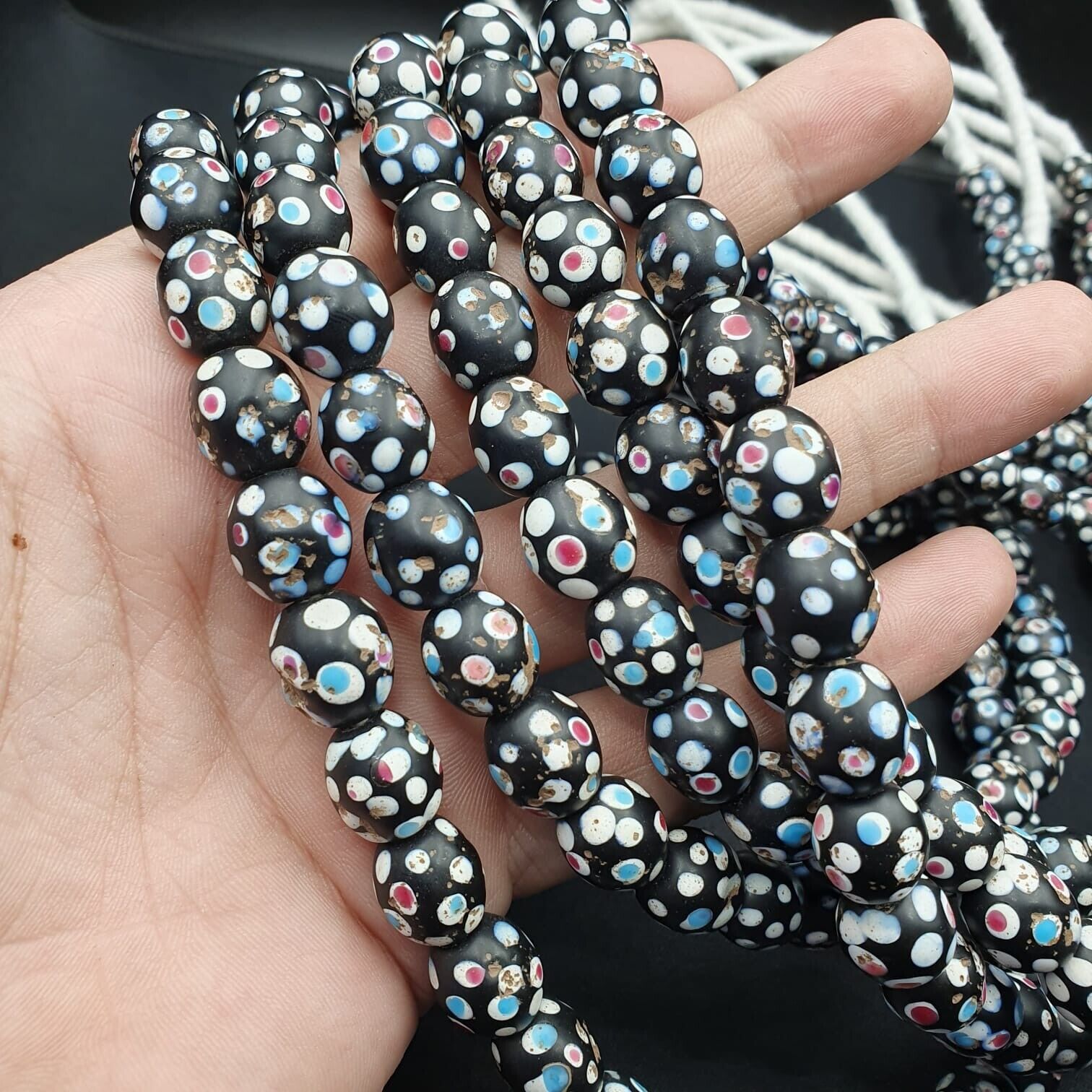 Black Skunk Venetian Trade Beads Dotted Beads Strand 12mm EAST OASIS Collection