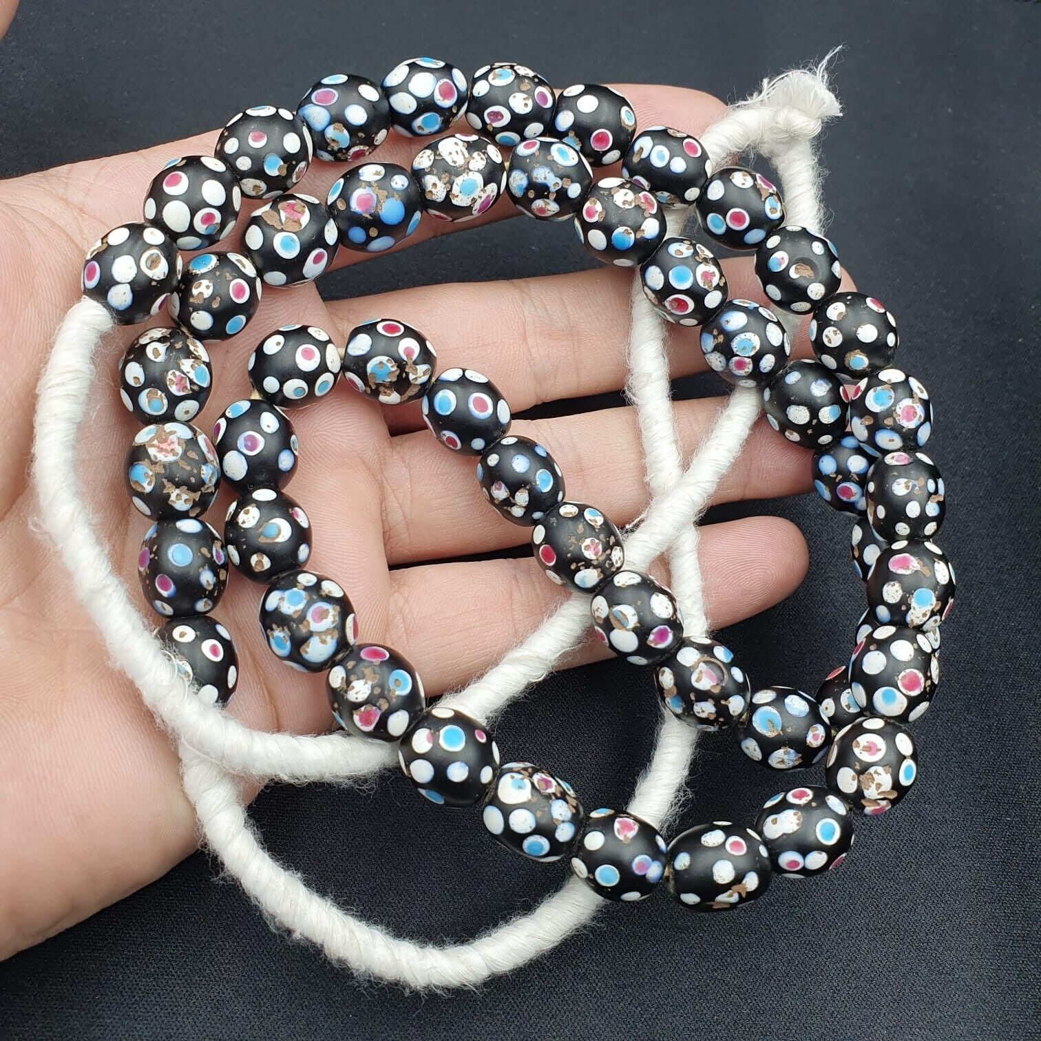 Black Skunk Venetian Trade Beads Dotted Beads Strand 12mm EAST OASIS Collection