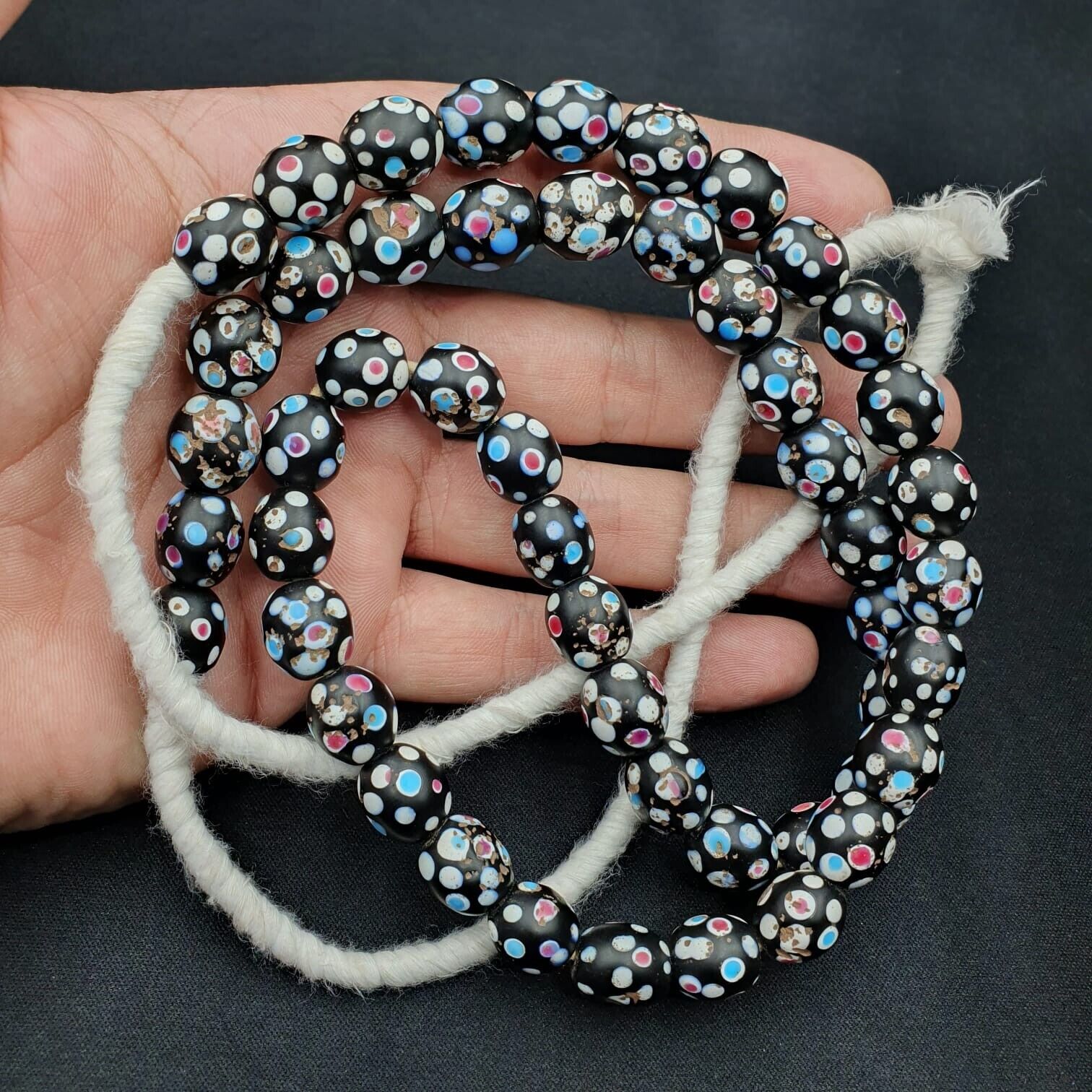 Black Skunk Venetian Trade Beads Dotted Beads Strand 12mm EAST OASIS Collection