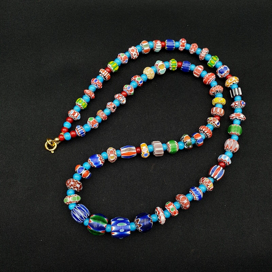 Blue Chevron and White Heart Venetian Beads African Glass Beads Necklace #25