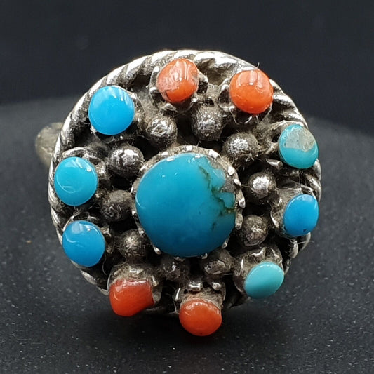 Vintage Natural Turquoise and coral STERLING SILVER Ring