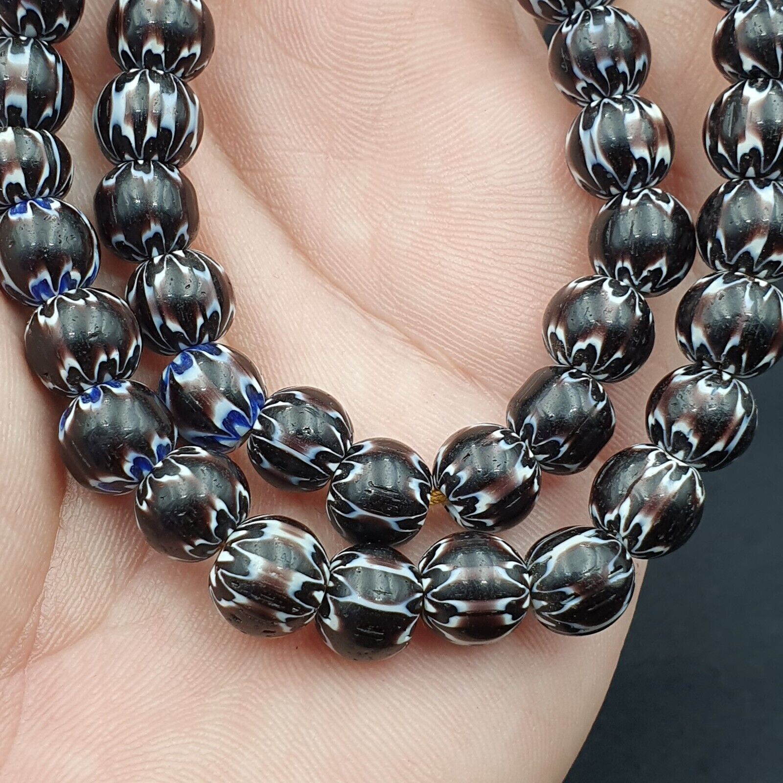 Vintage Black Brown chevron African Glass beads Necklace 8-8.5mm