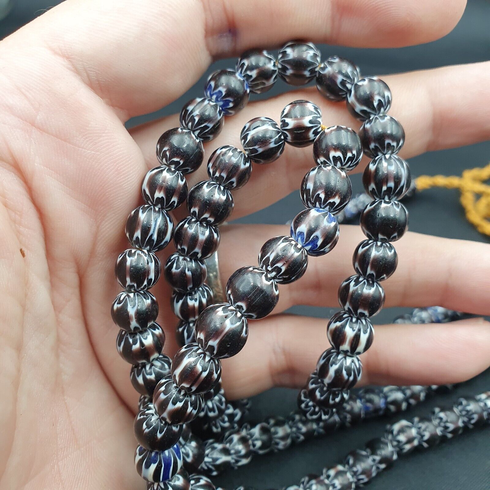 Vintage Black Brown chevron African Glass beads Necklace 8-8.5mm