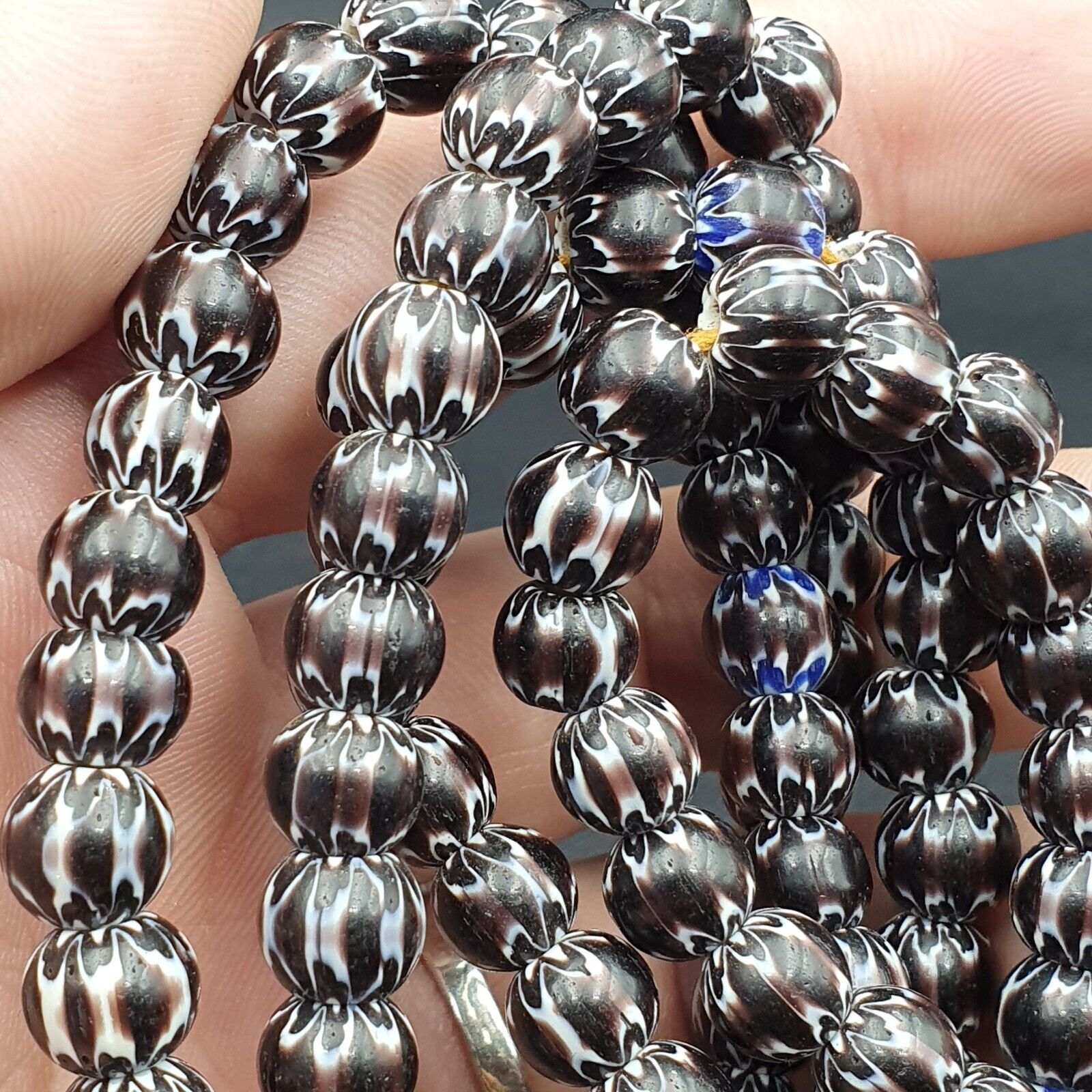 Vintage Black Brown chevron African Glass beads Necklace 8-8.5mm