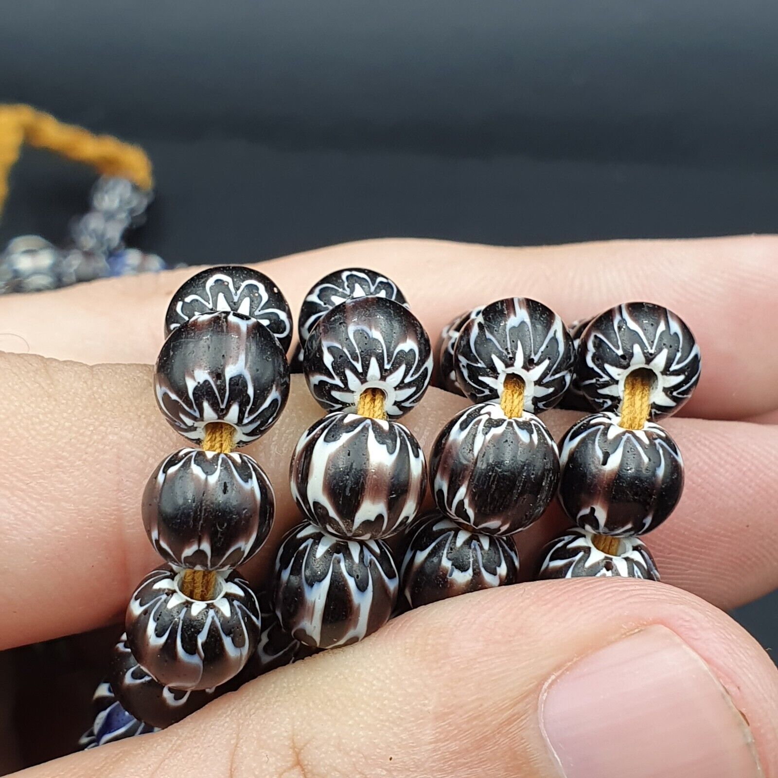 Vintage Black Brown chevron African Glass beads Necklace 8-8.5mm