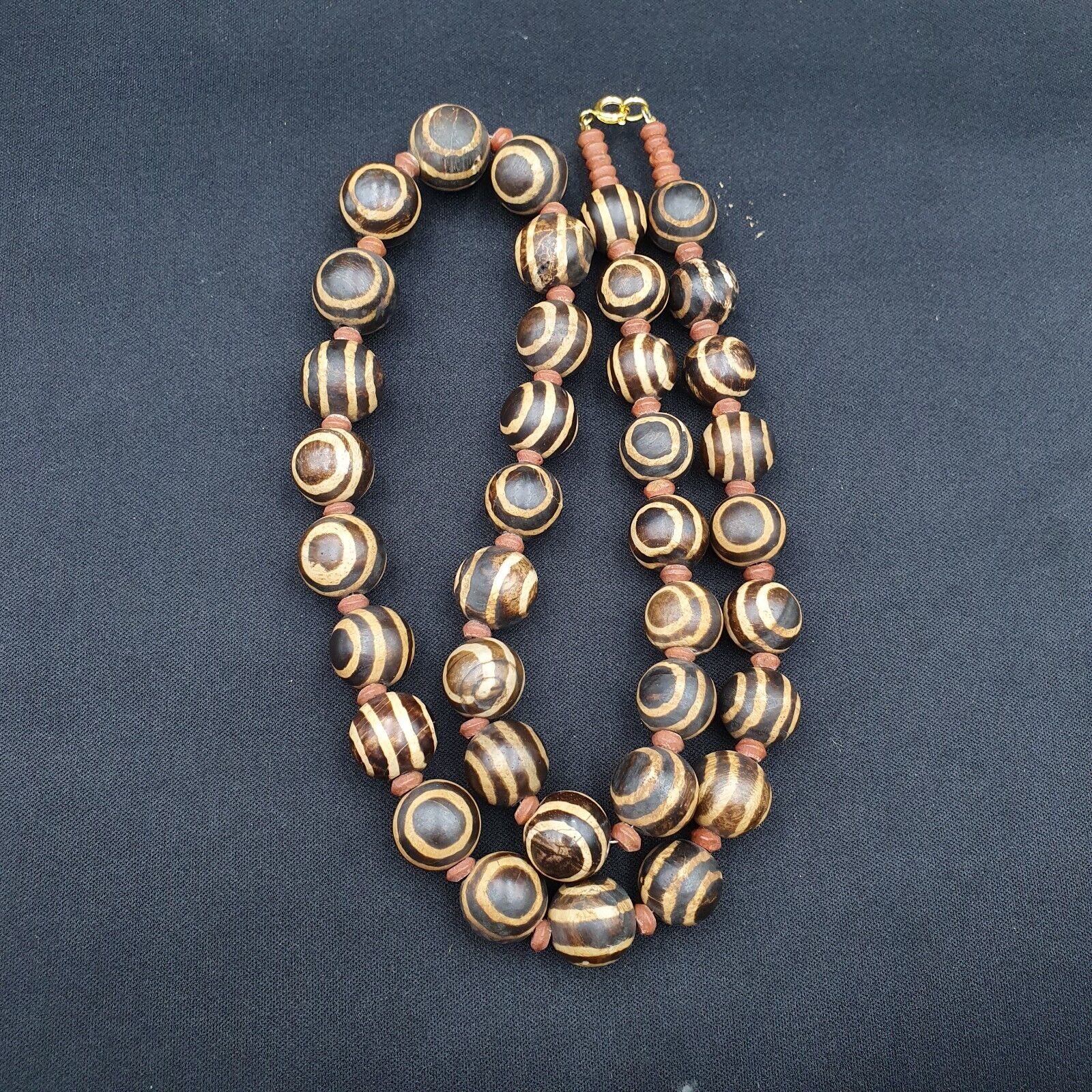 South Asian Burmese Old Pumtek petrified Wood Beads Necklace Strand 14-15mm