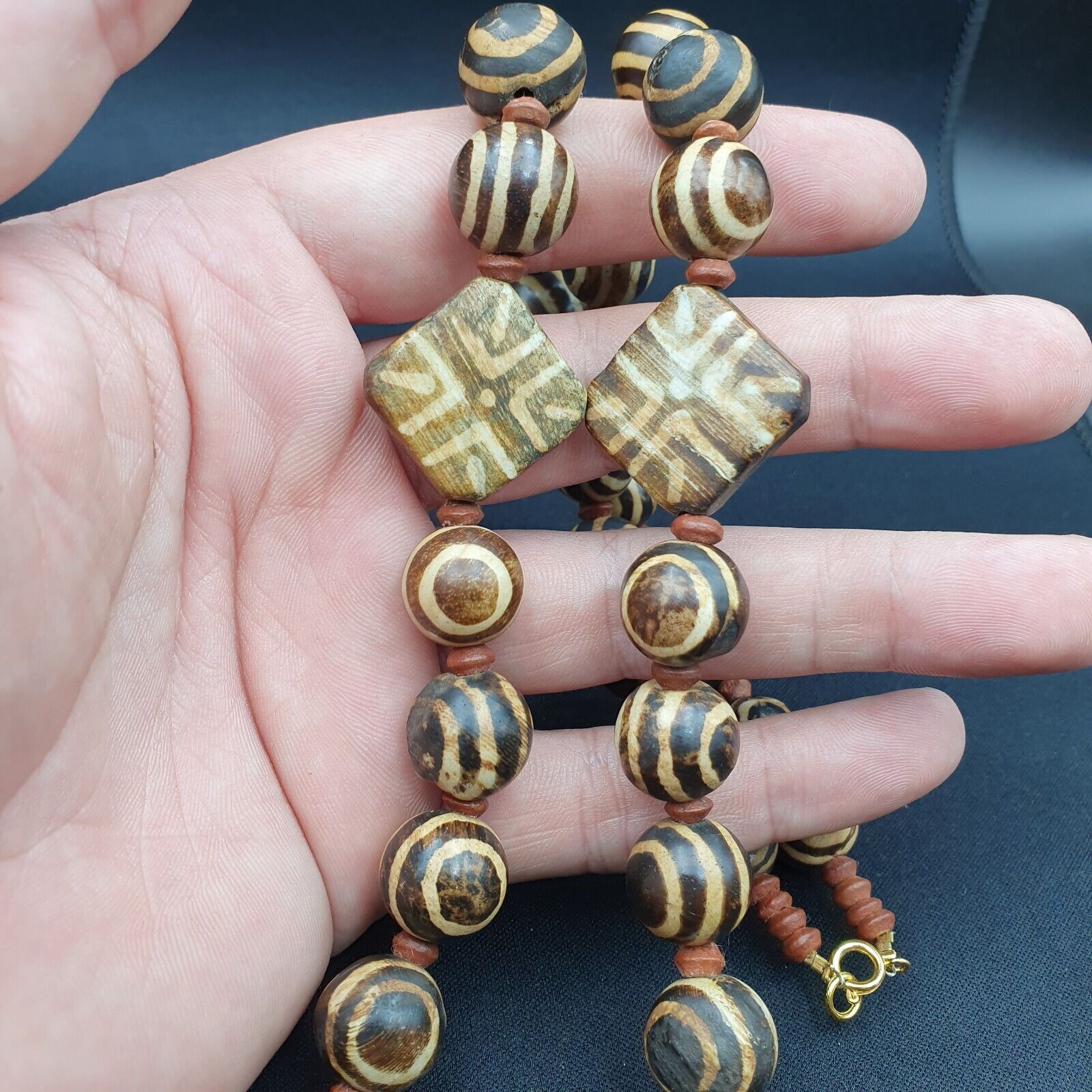 RARE OLD PUMTEK BEAD NECKLACE ANCIENT PYU, 2 Eyes PUMTEKS Beads 12-14mm