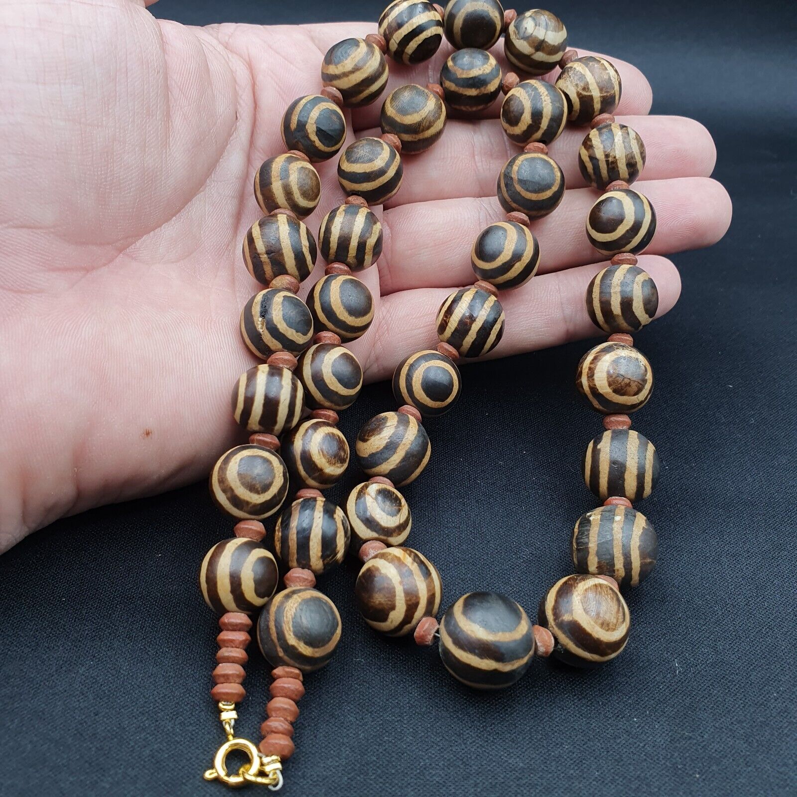 South Asian Burmese Old Pumtek petrified Wood Beads Necklace Strand 14-15mm