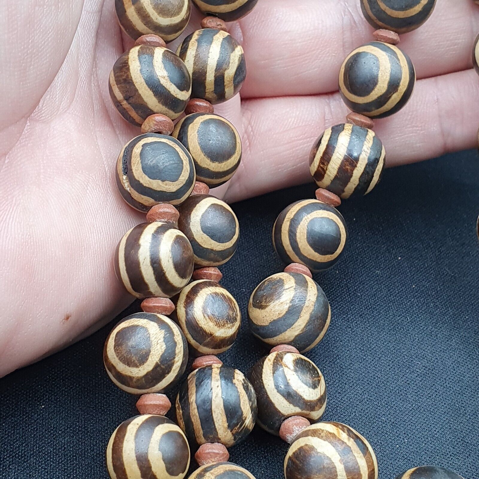 South Asian Burmese Old Pumtek petrified Wood Beads Necklace Strand 14-15mm