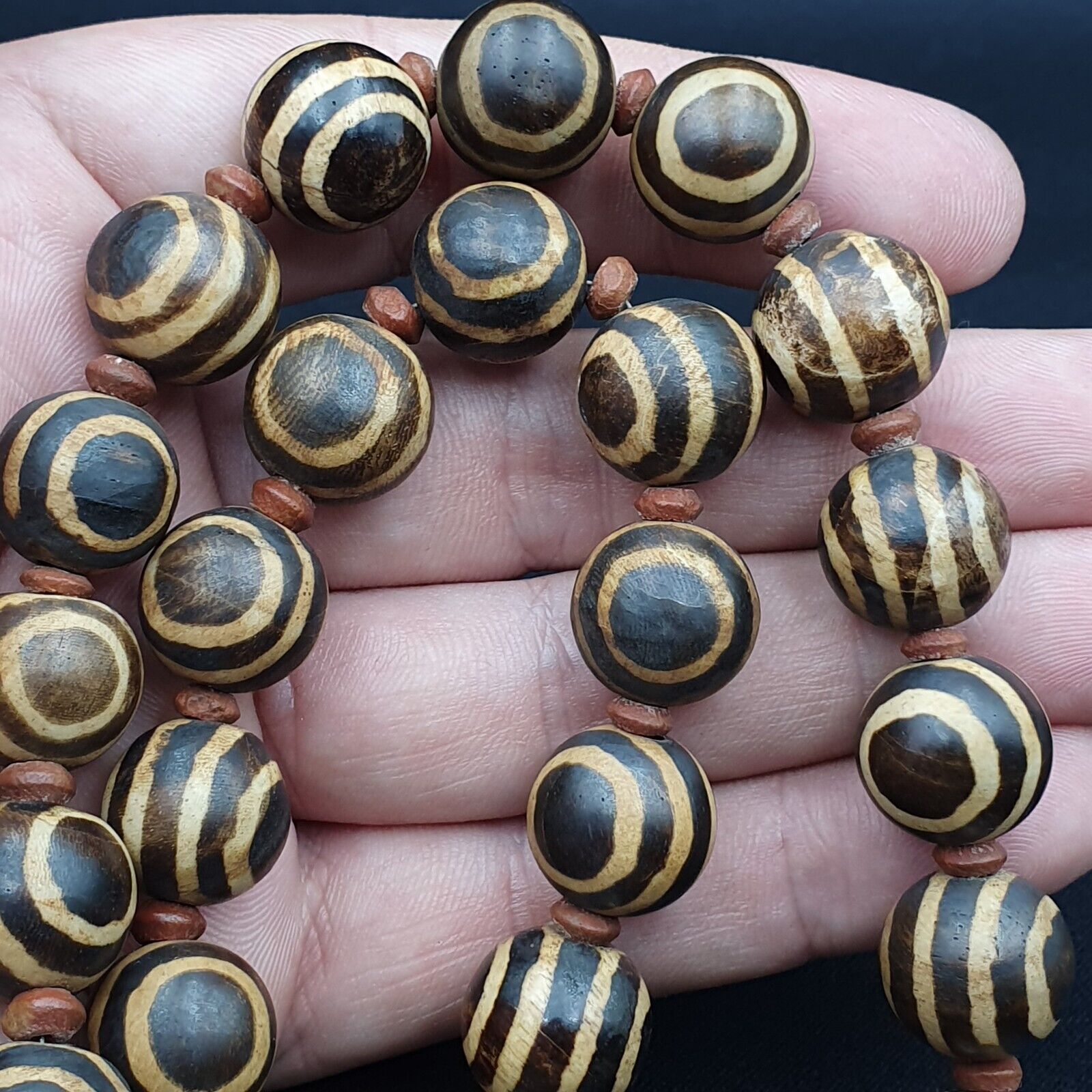South Asian Burmese Old Pumtek petrified Wood Beads Necklace Strand 14-15mm