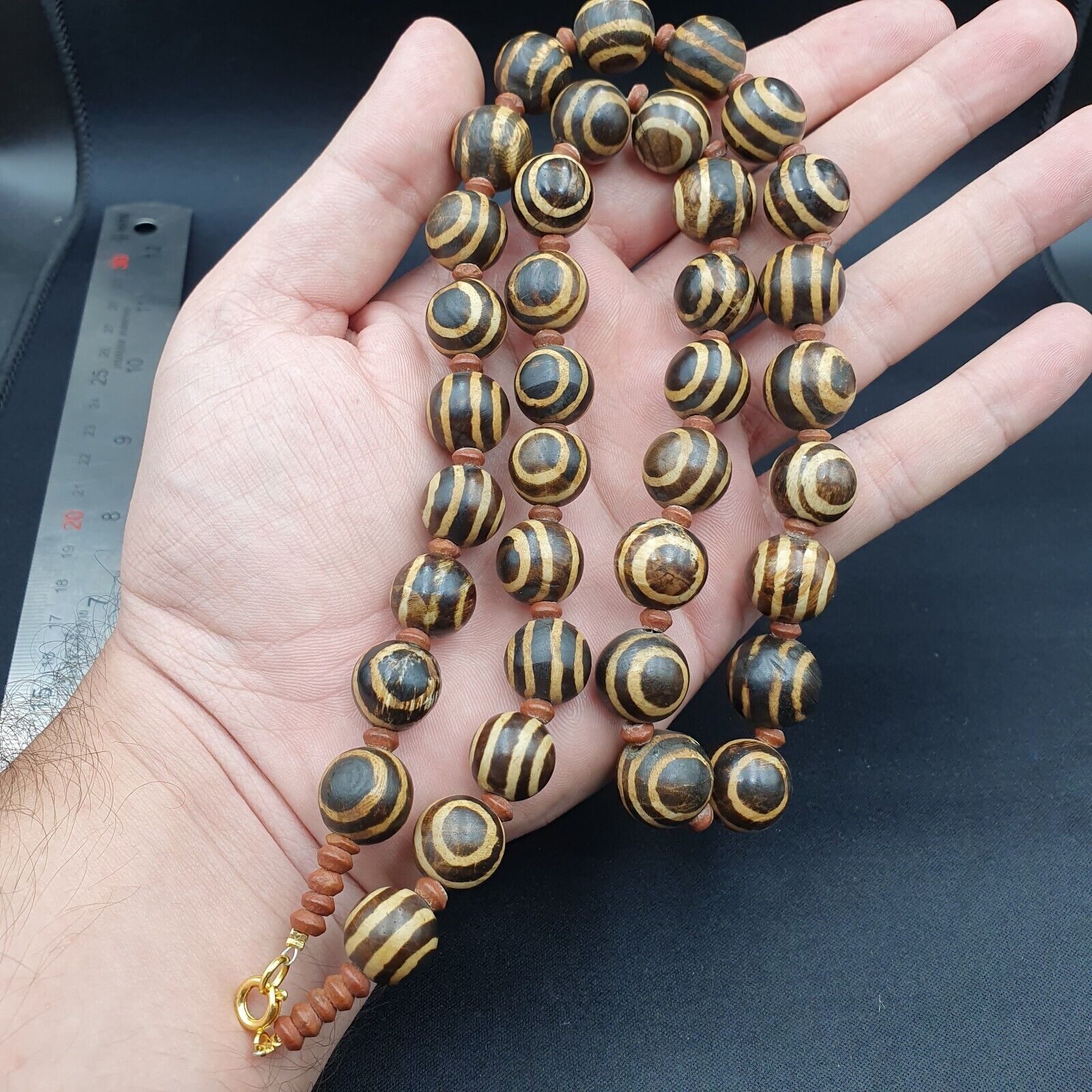 South Asian Burmese Old Pumtek petrified Wood Beads Necklace Strand 14-15mm