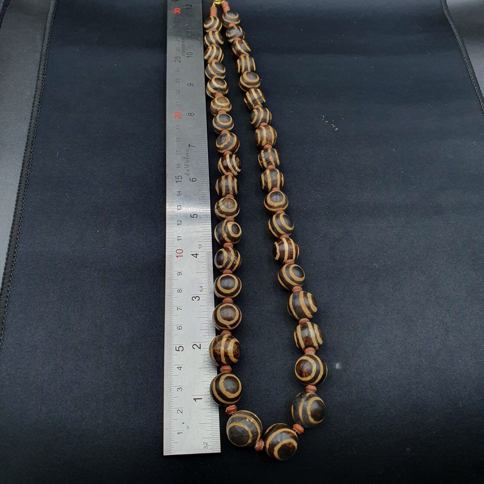 South Asian Burmese Old Pumtek petrified Wood Beads Necklace Strand 14-15mm