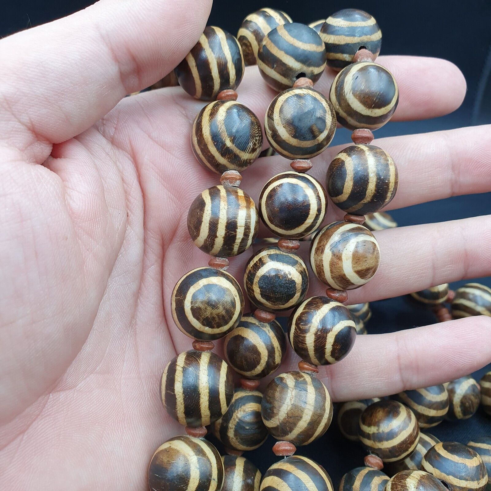 RARE OLD PUMTEK BEAD NECKLACE ANCIENT PYU, 2 Eyes PUMTEKS Beads 16.5-17.5mm