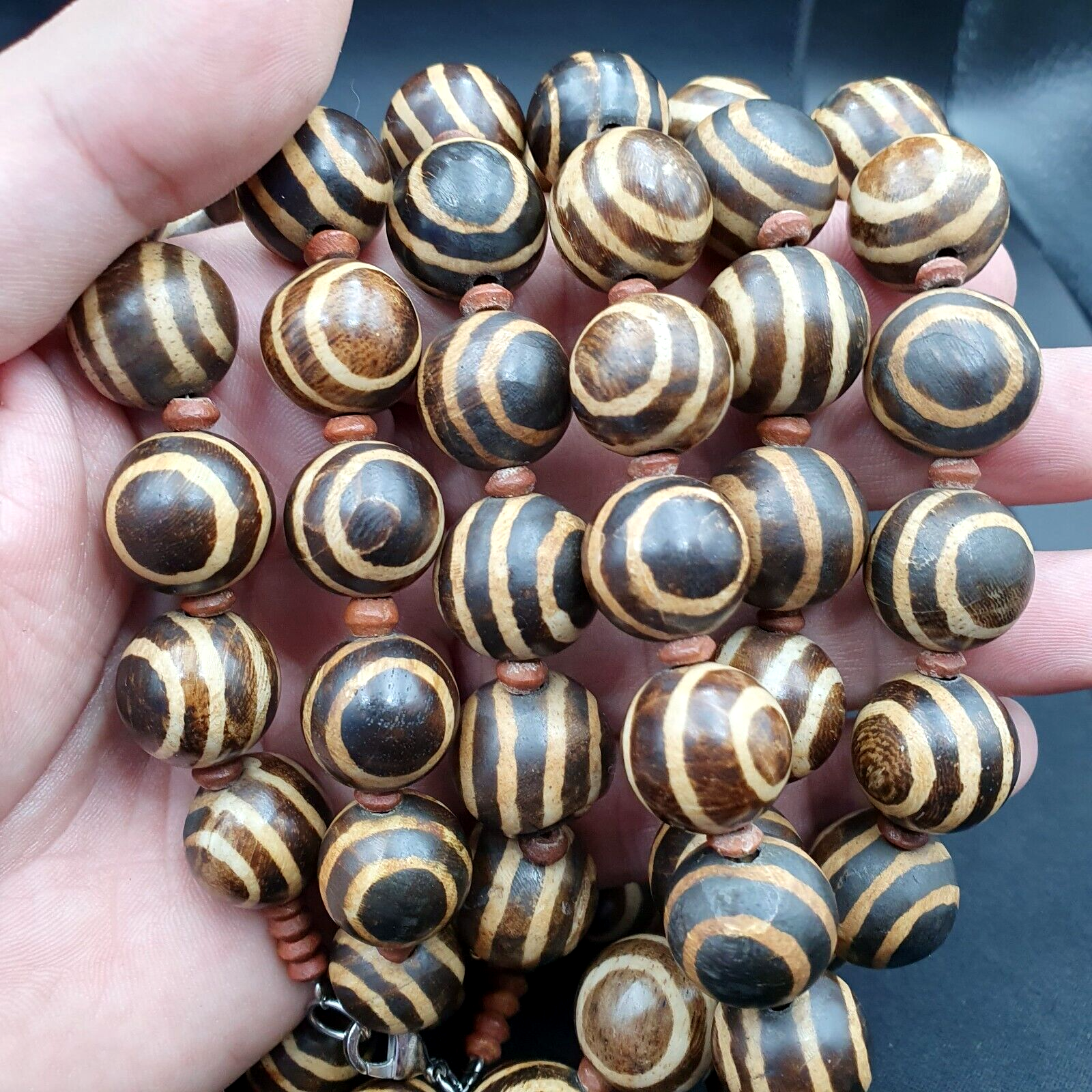 RARE OLD PUMTEK BEAD NECKLACE ANCIENT PYU, 2 Eyes PUMTEKS Beads 16.5-17.5mm