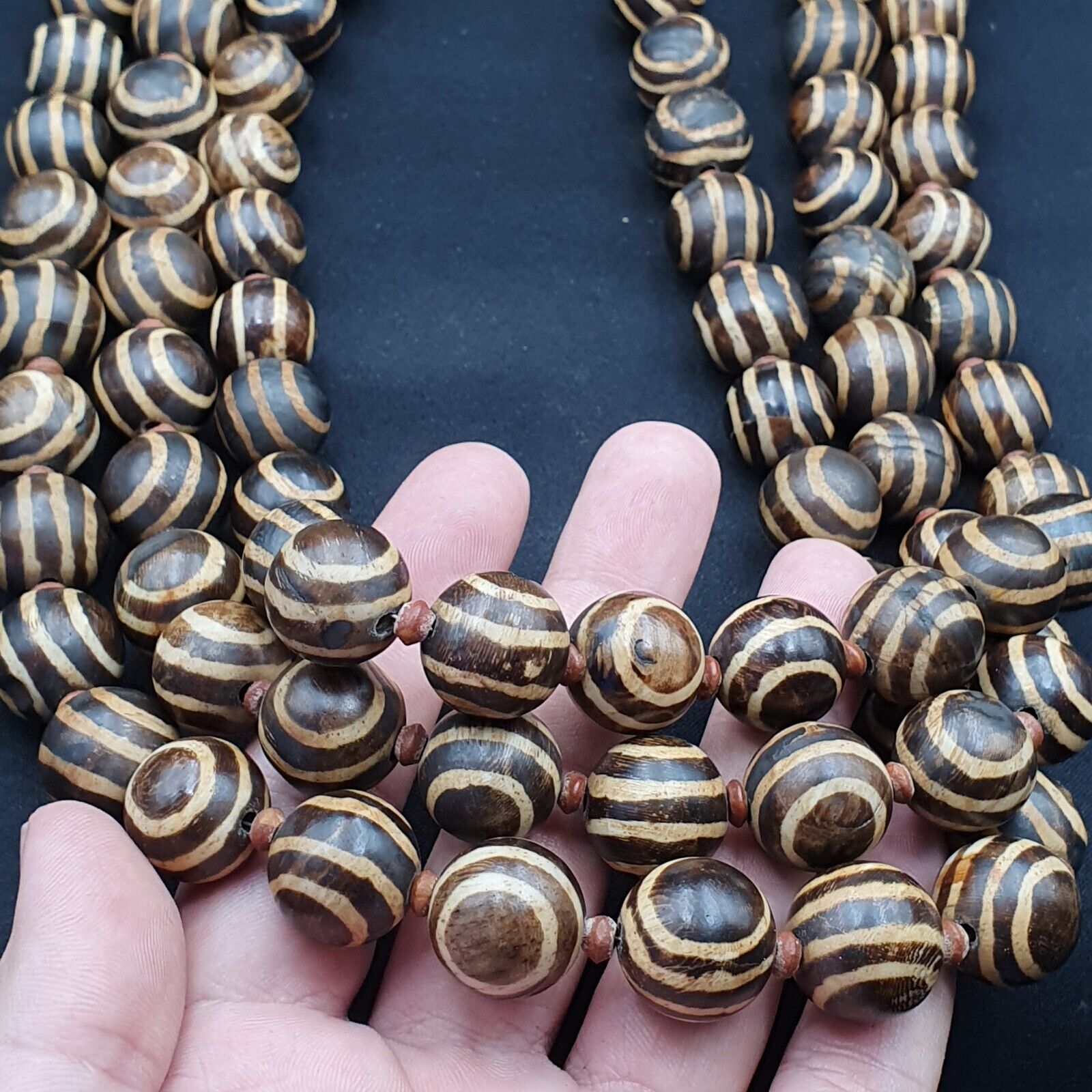 RARE OLD PUMTEK BEAD NECKLACE ANCIENT PYU, 2 Eyes PUMTEKS Beads 16.5-17.5mm