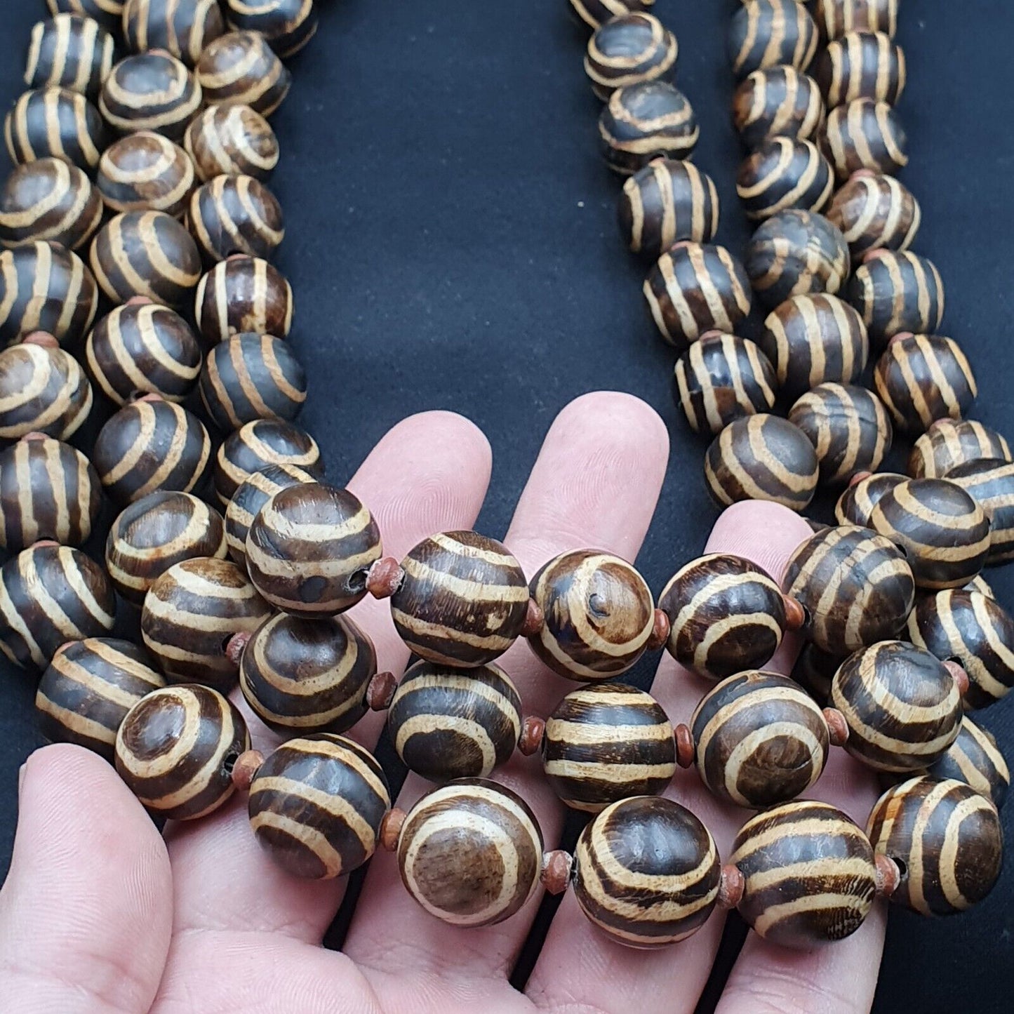 RARE OLD PUMTEK BEAD NECKLACE ANCIENT PYU, 2 Eyes PUMTEKS Beads 16.5-17.5mm
