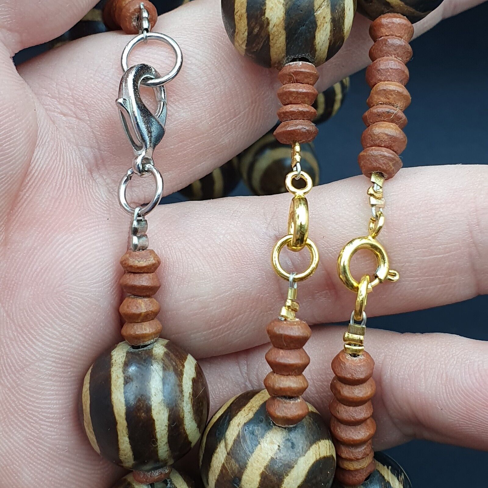 RARE OLD PUMTEK BEAD NECKLACE ANCIENT PYU, 2 Eyes PUMTEKS Beads 16.5-17.5mm