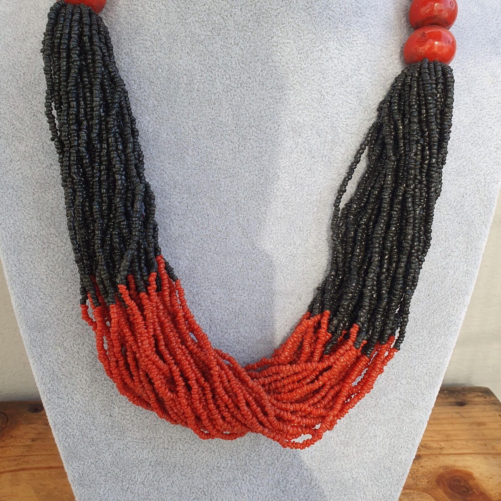Vintage Tiny Black and Red Glass Beads Afghanistan Tribal Jewelry Necklace