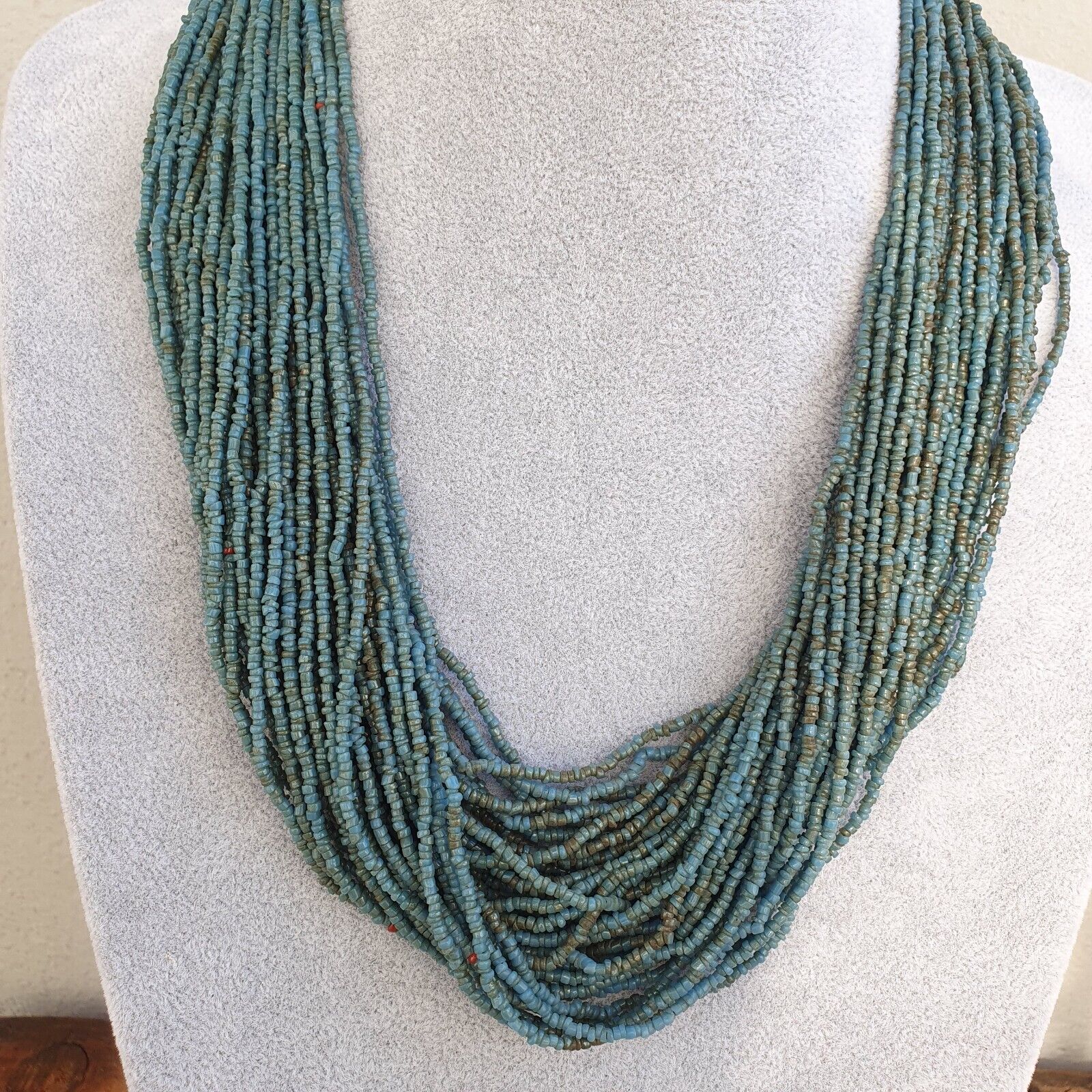 Vintage Tiny Turquoise Blue Seed Glass Beads with Coin Tribal Jewelry Necklace