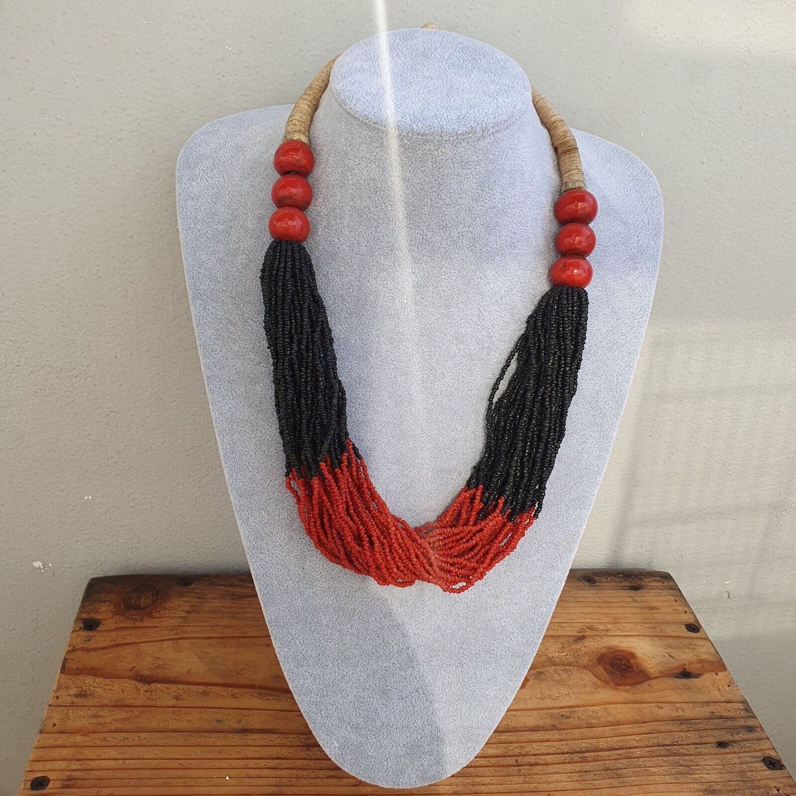 Vintage Tiny Black and Red Glass Beads Afghanistan Tribal Jewelry Necklace