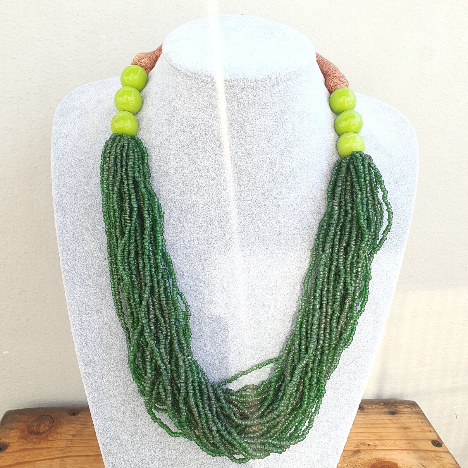 Vintage Tiny Green Afghan Glass Beads Afghanistan Tribal Jewelry Necklace