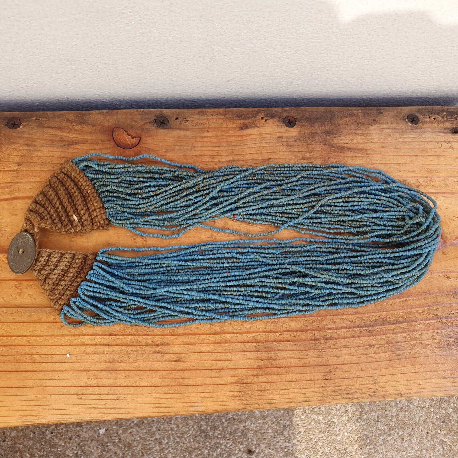 Vintage Tiny Turquoise Blue Seed Glass Beads with Coin Tribal Jewelry Necklace